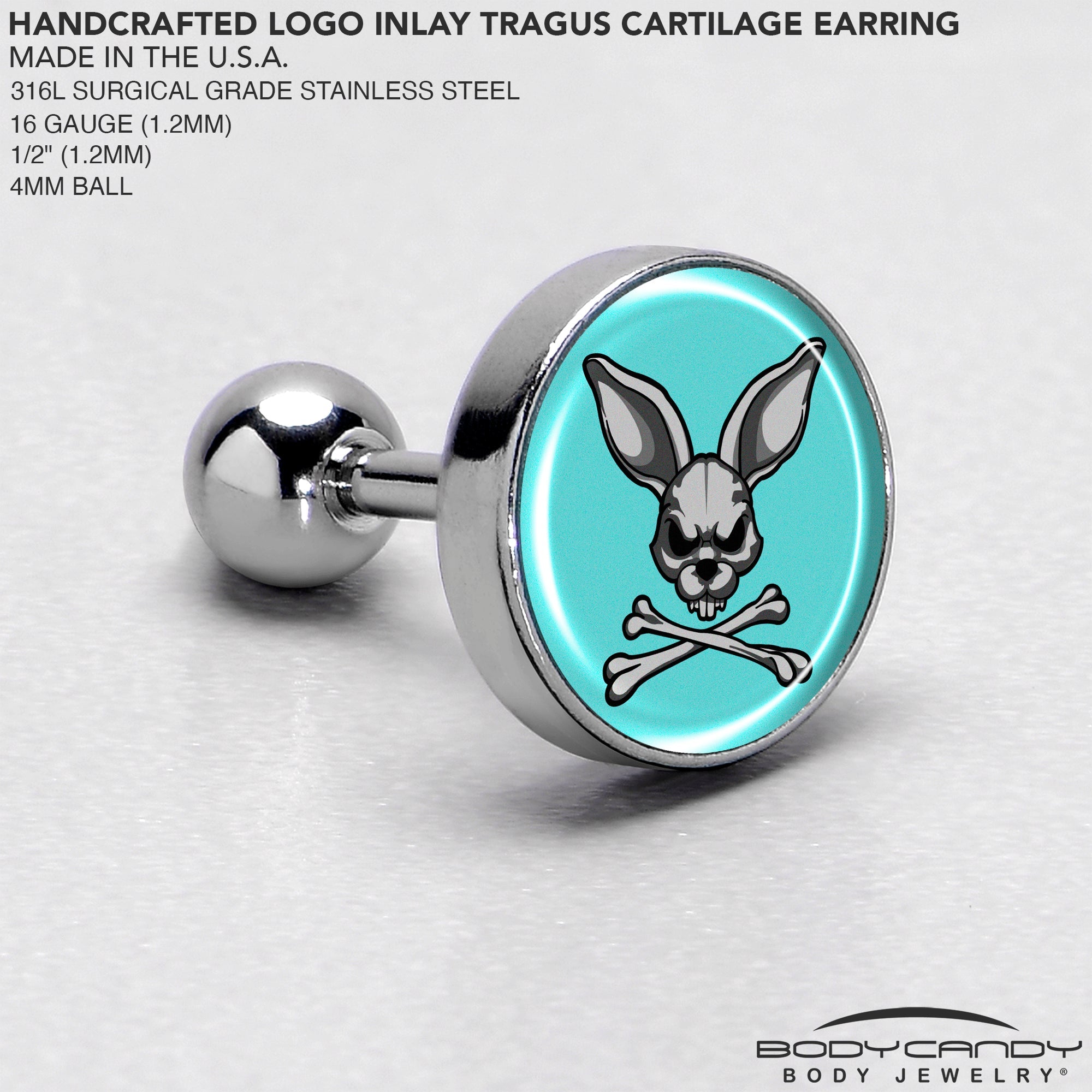 BodyCandy 16G 1/4 Bunny and Crossbones Tragus Cartilage Earring by Onyx O — side view