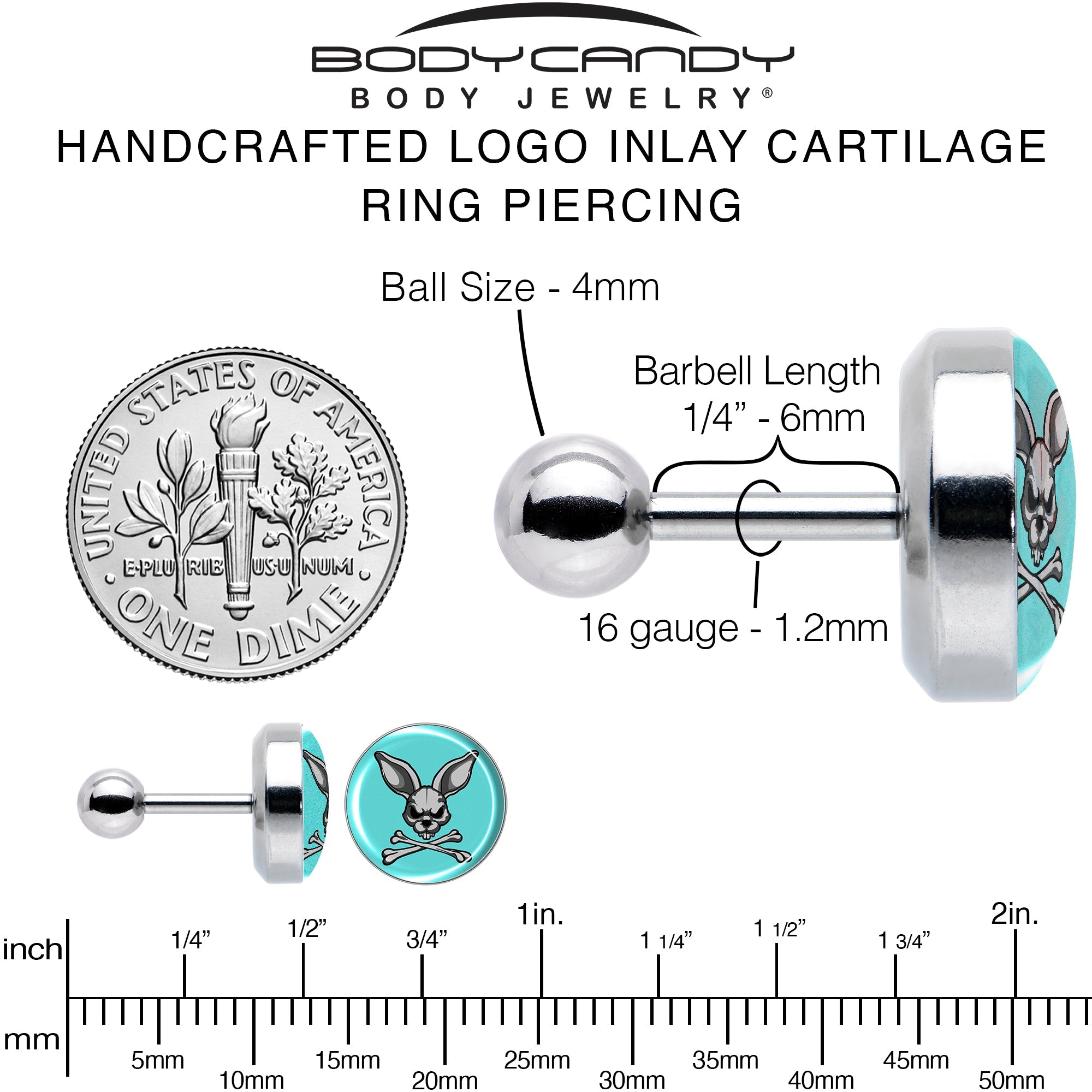 BodyCandy 16G 1/4 Bunny and Crossbones Tragus Cartilage Earring by Onyx O — alternative angle