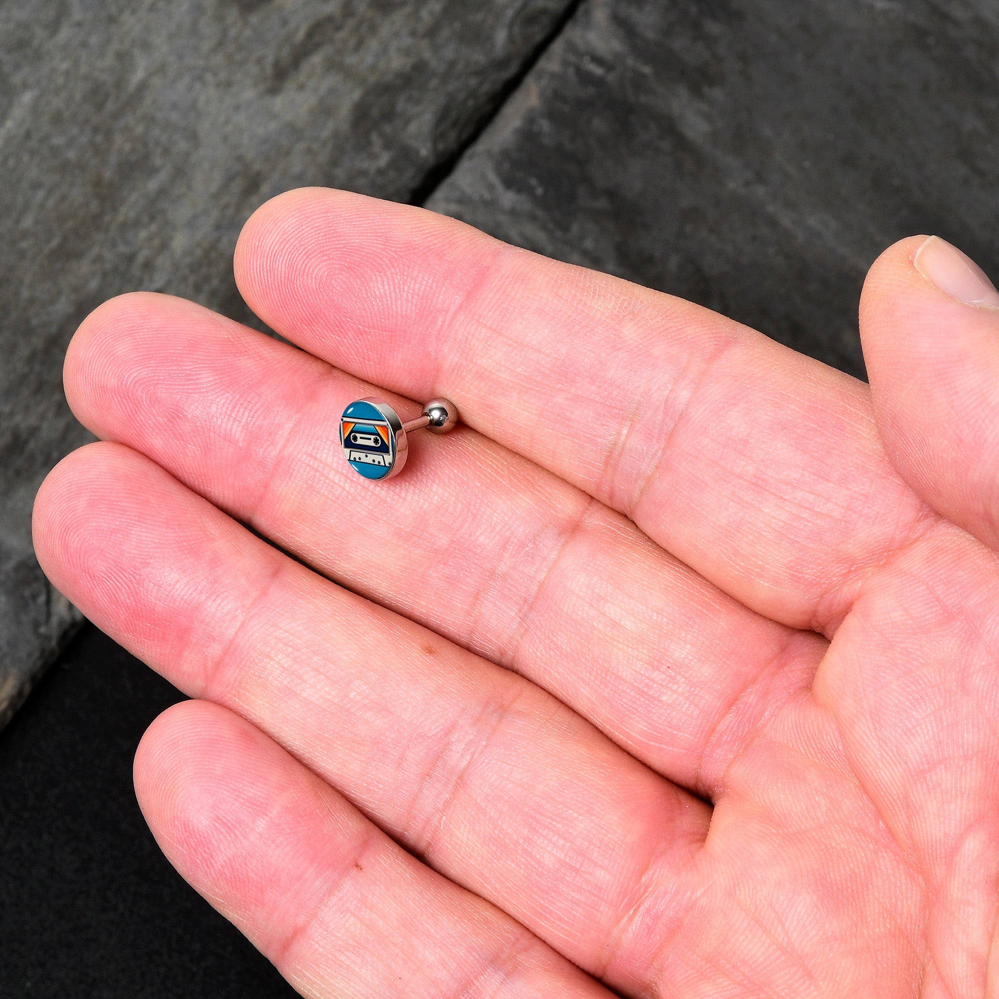 BodyCandy 16G 1/4 Retro Cassette Tape Cartilage Tragus Earring by Onyx O — lifestyle context
