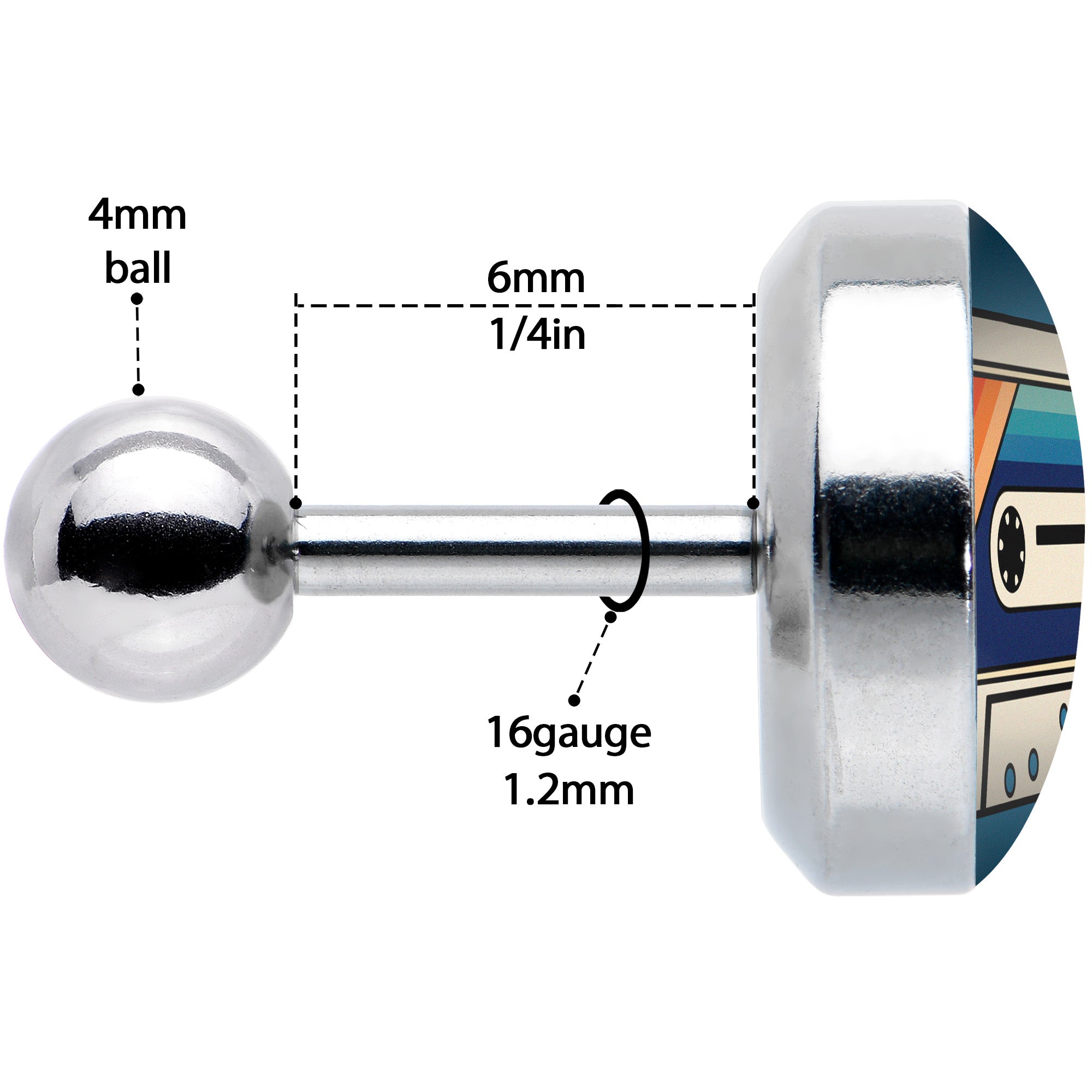 BodyCandy 16G 1/4 Retro Cassette Tape Cartilage Tragus Earring by Onyx O — in-use photo