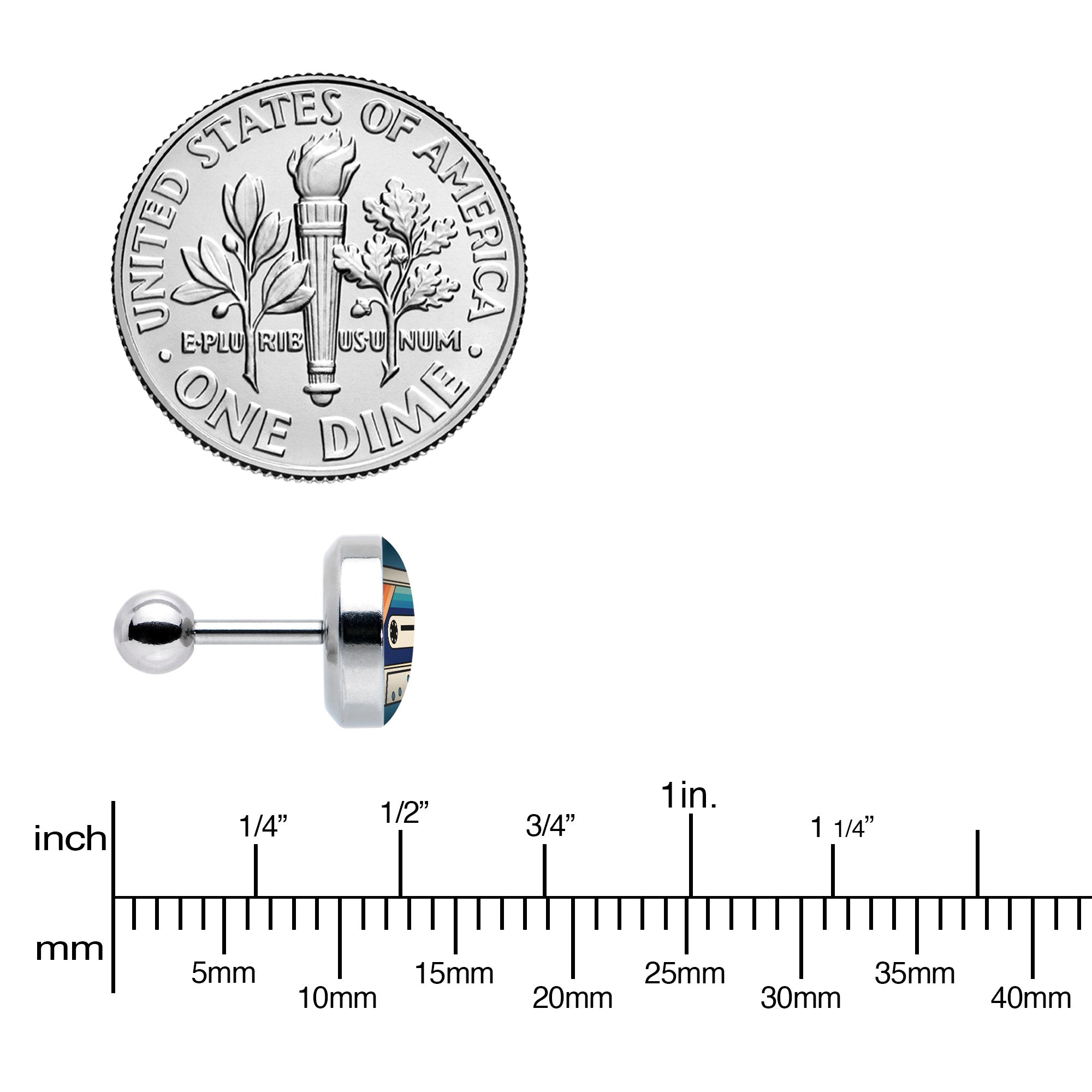 BodyCandy 16G 1/4 Retro Cassette Tape Cartilage Tragus Earring by Onyx O — size reference
