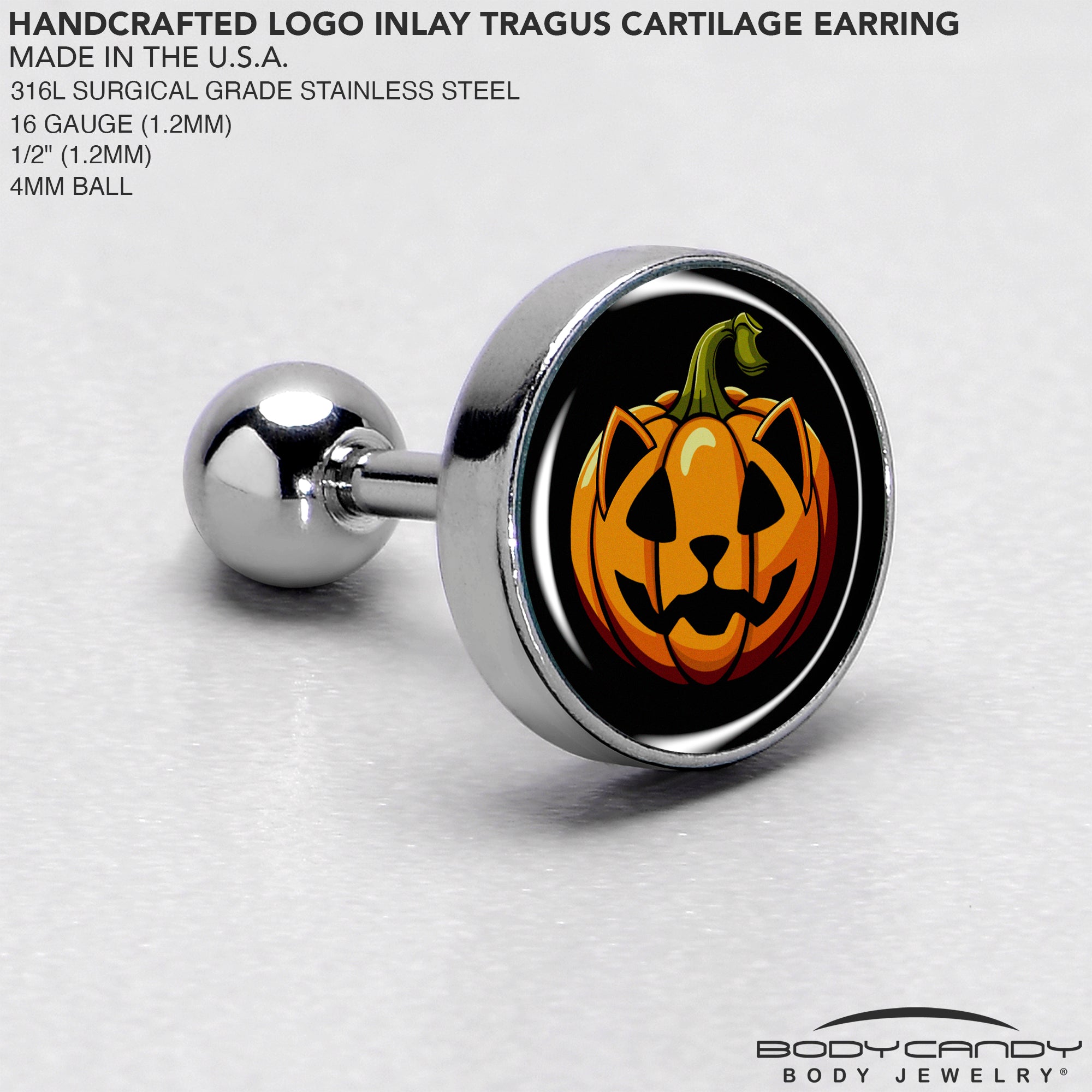 BodyCandy 16G 1/4  Pumpkin Cat Jack-O-Lantern Tragus Cartilage Earring by Onyx O — side view