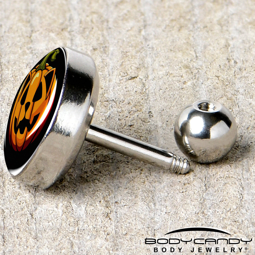 BodyCandy 16G 1/4  Pumpkin Cat Jack-O-Lantern Tragus Cartilage Earring by Onyx O — back view