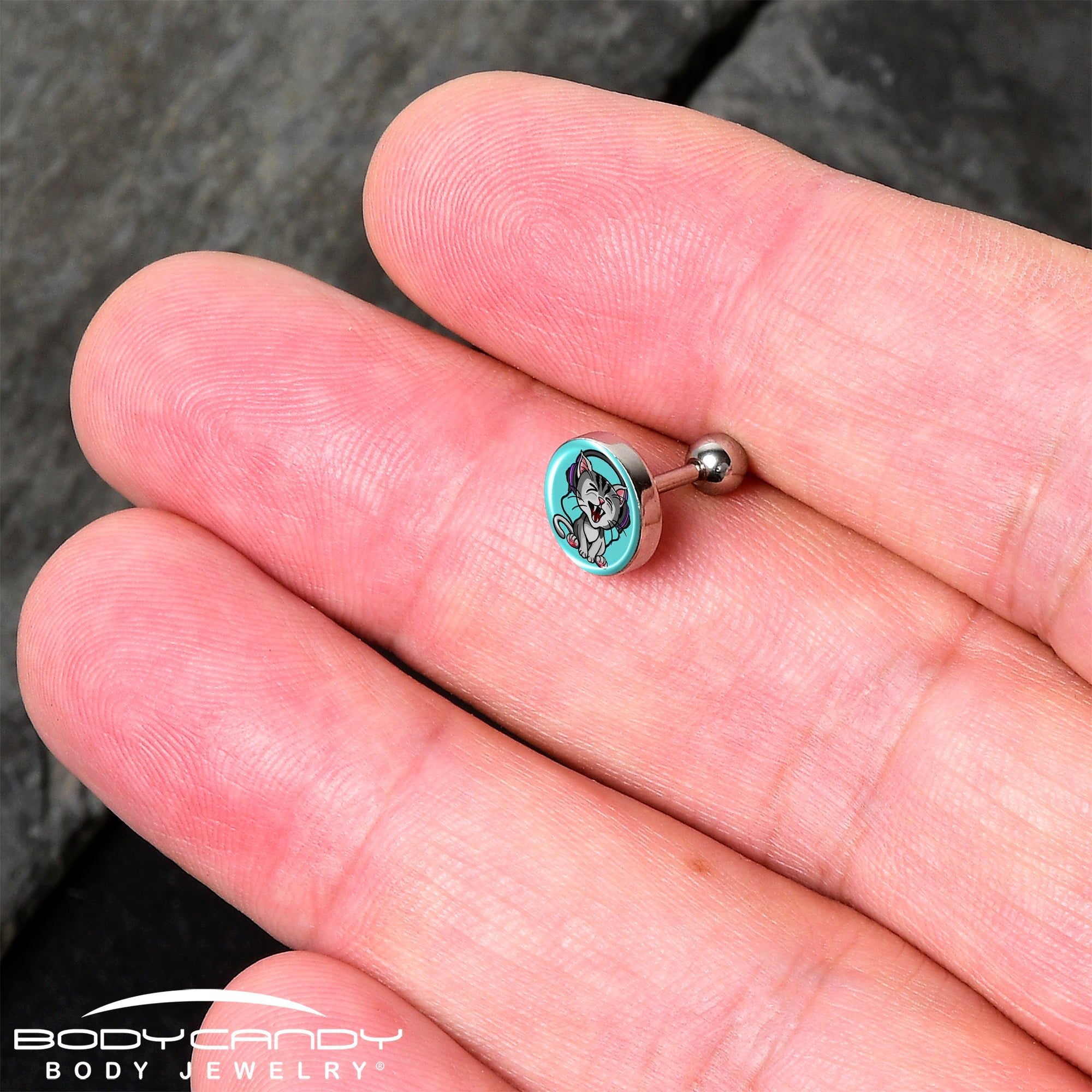 BodyCandy 16G 1/4 Heavy Metal Kitty Cat Tragus Cartilage Earring by Onyx O — detail close-up