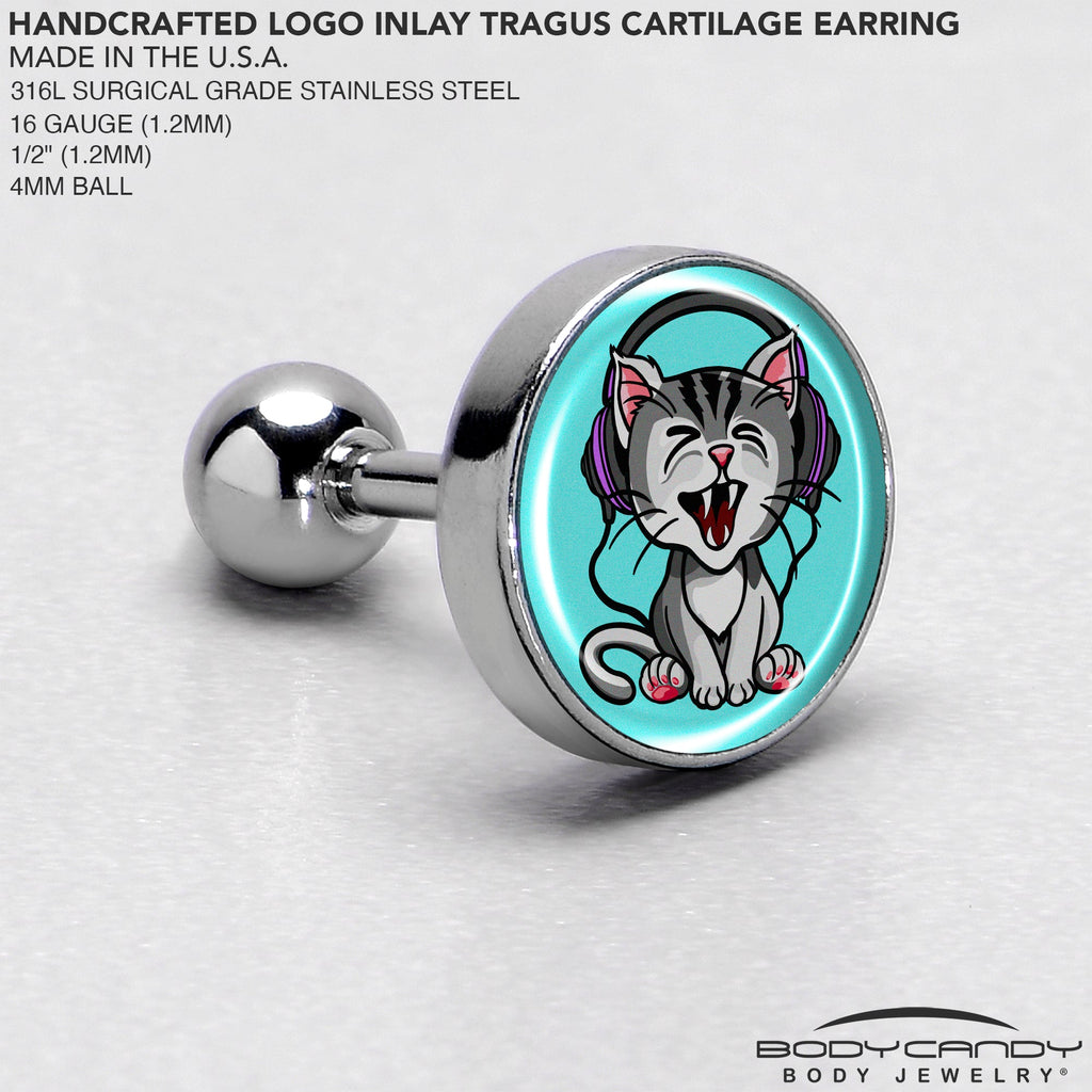 BodyCandy 16G 1/4 Heavy Metal Kitty Cat Tragus Cartilage Earring by Onyx O — side view