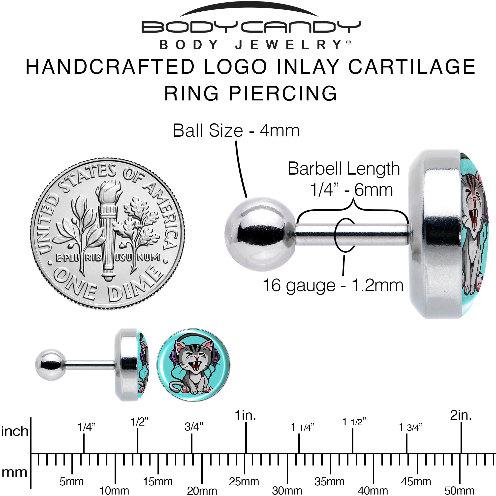 BodyCandy 16G 1/4 Heavy Metal Kitty Cat Tragus Cartilage Earring by Onyx O — alternative angle