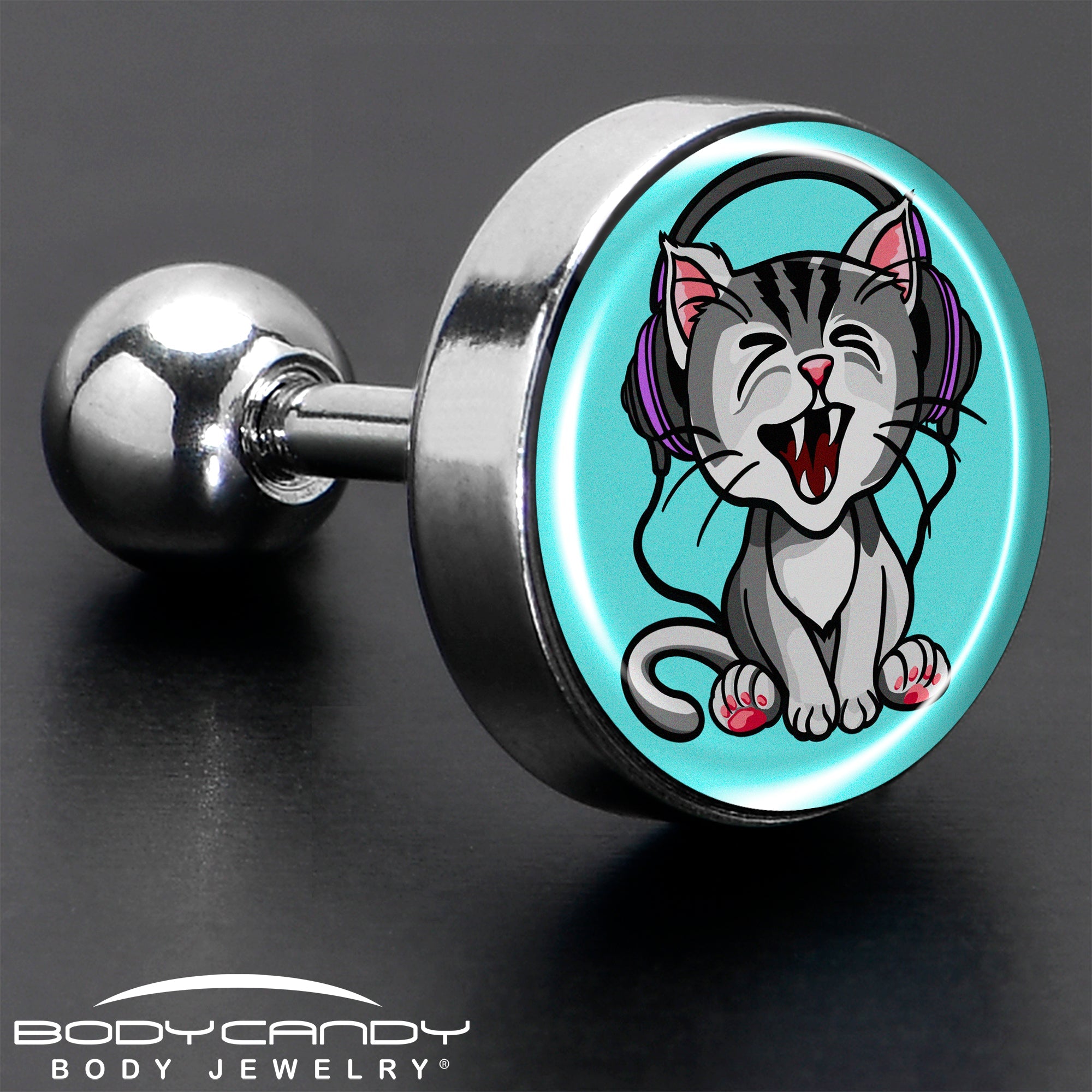 BodyCandy 16G 1/4 Heavy Metal Kitty Cat Tragus Cartilage Earring by Onyx O — in-use photo