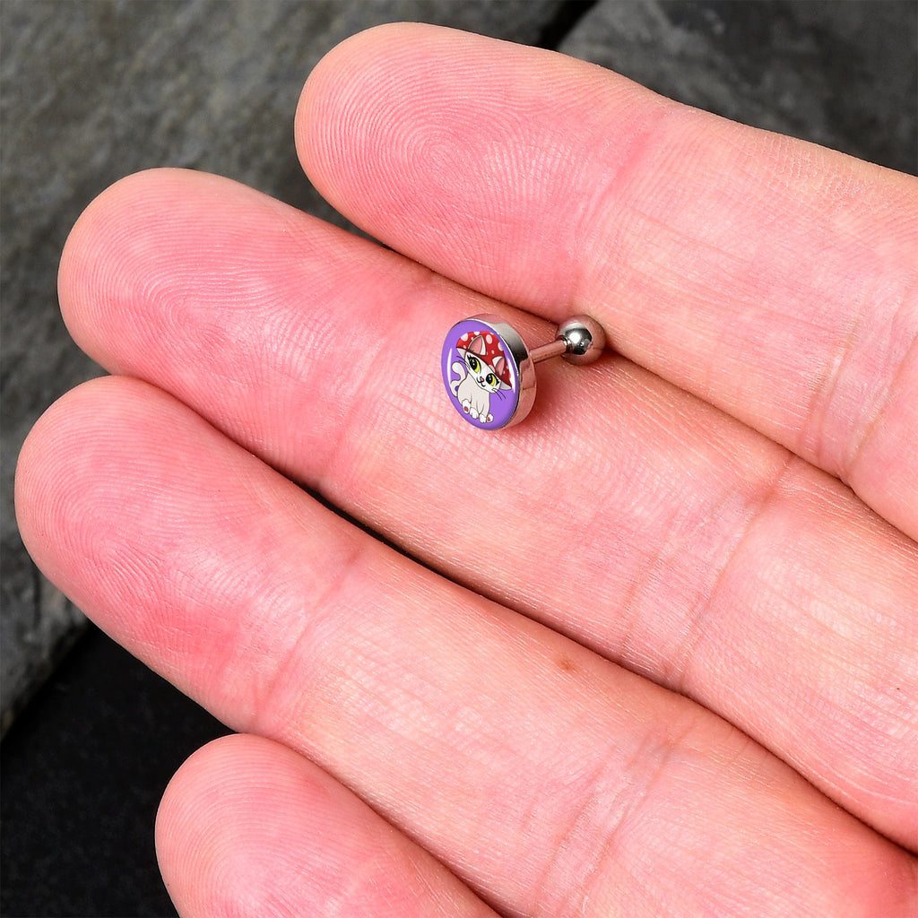 BodyCandy 16G 1/4 Polka Dot Mushroom Hat Cat Cartilage Tragus Earring by Onyx O — detail close-up