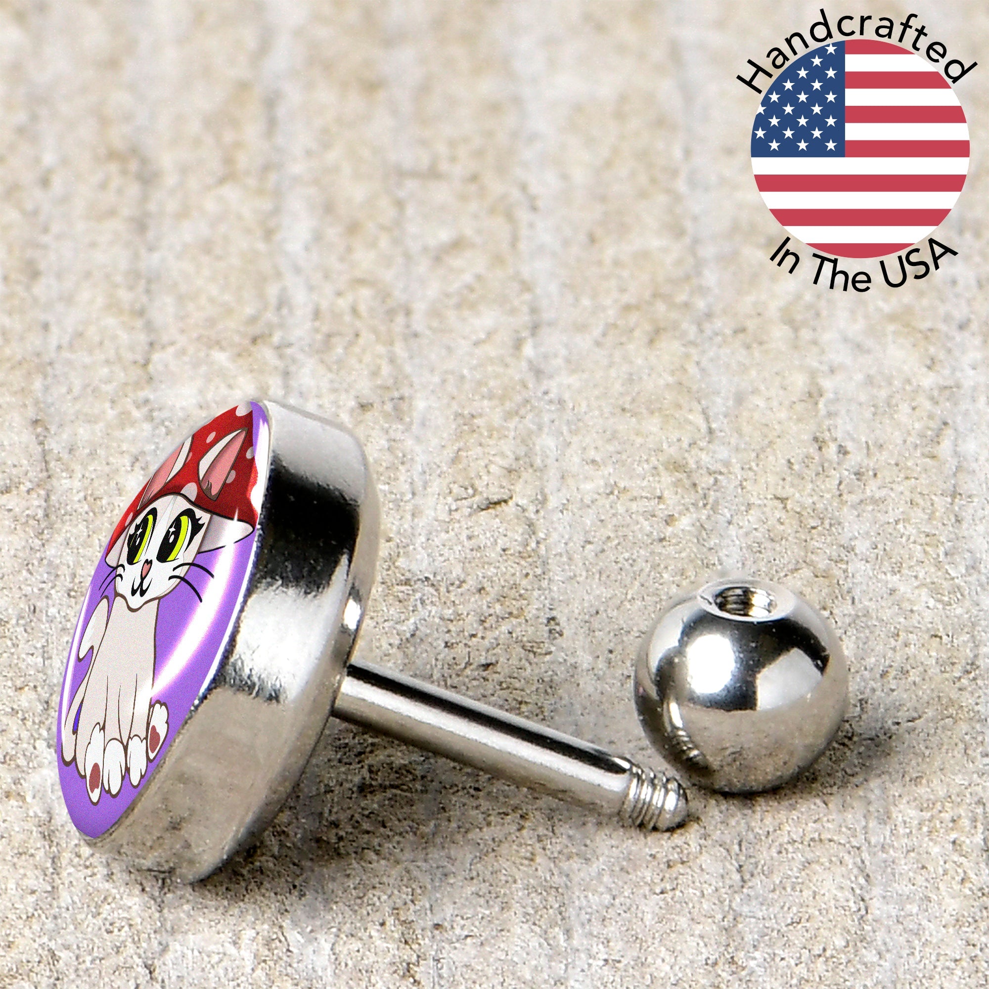 BodyCandy 16G 1/4 Polka Dot Mushroom Hat Cat Cartilage Tragus Earring by Onyx O — back view
