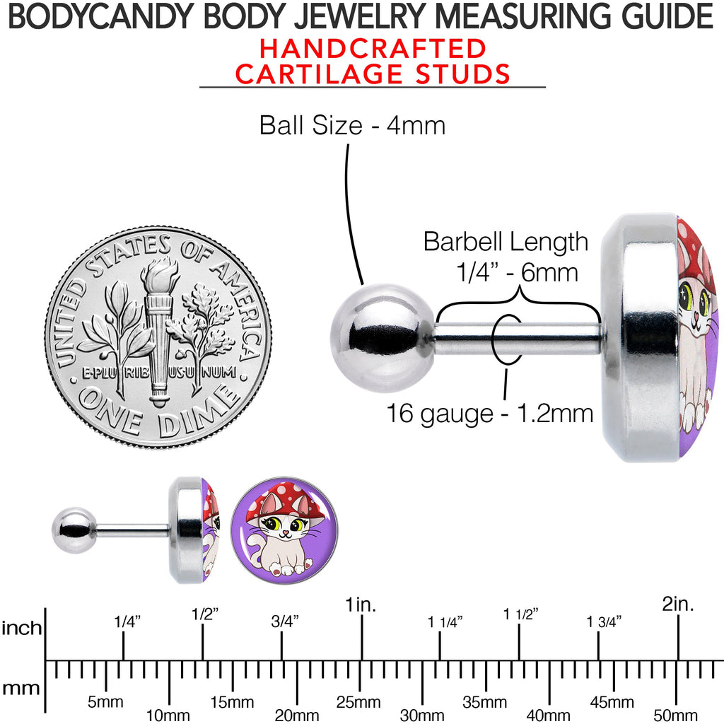 BodyCandy 16G 1/4 Polka Dot Mushroom Hat Cat Cartilage Tragus Earring by Onyx O — in-use photo