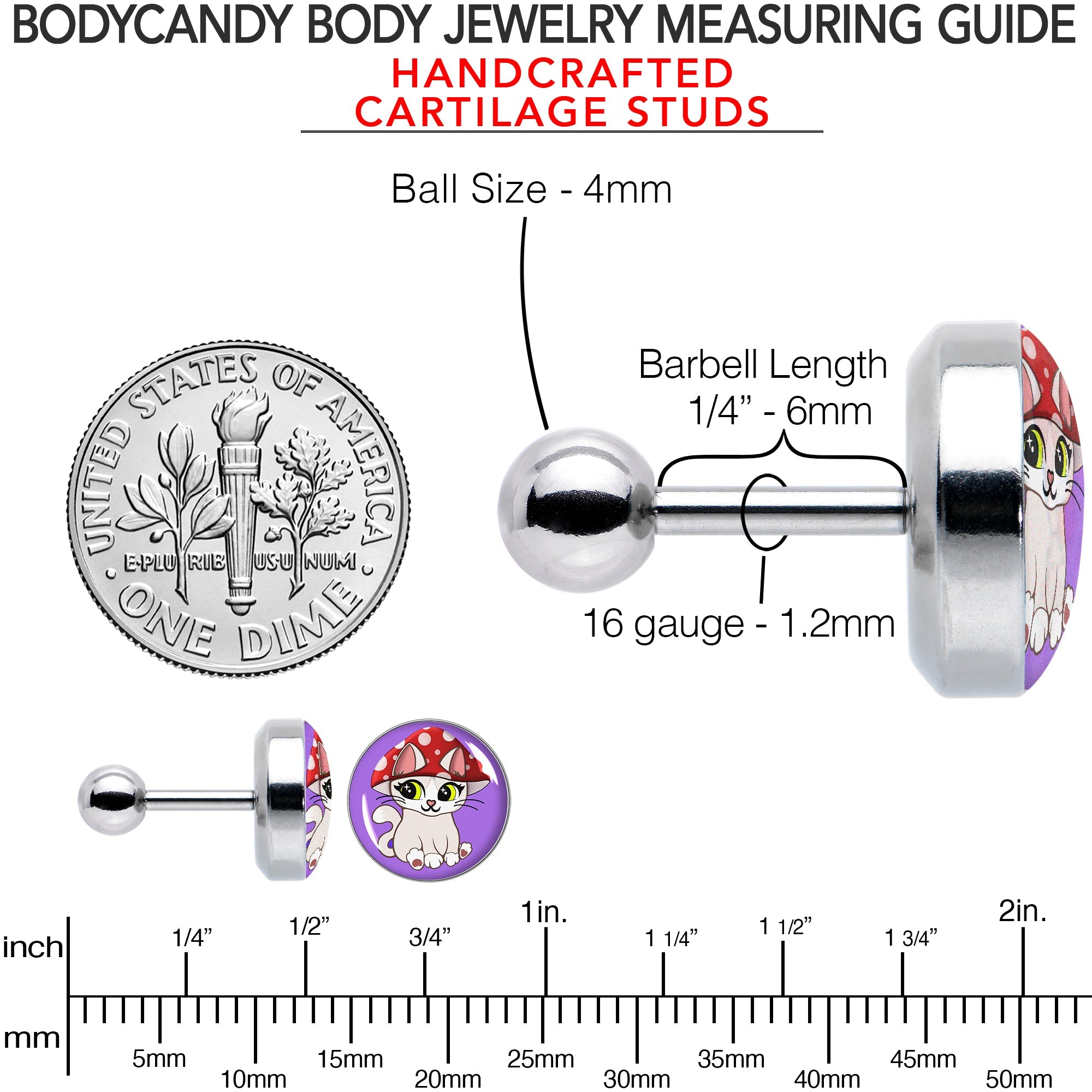BodyCandy 16G 1/4 Polka Dot Mushroom Hat Cat Cartilage Tragus Earring by Onyx O — in-use photo