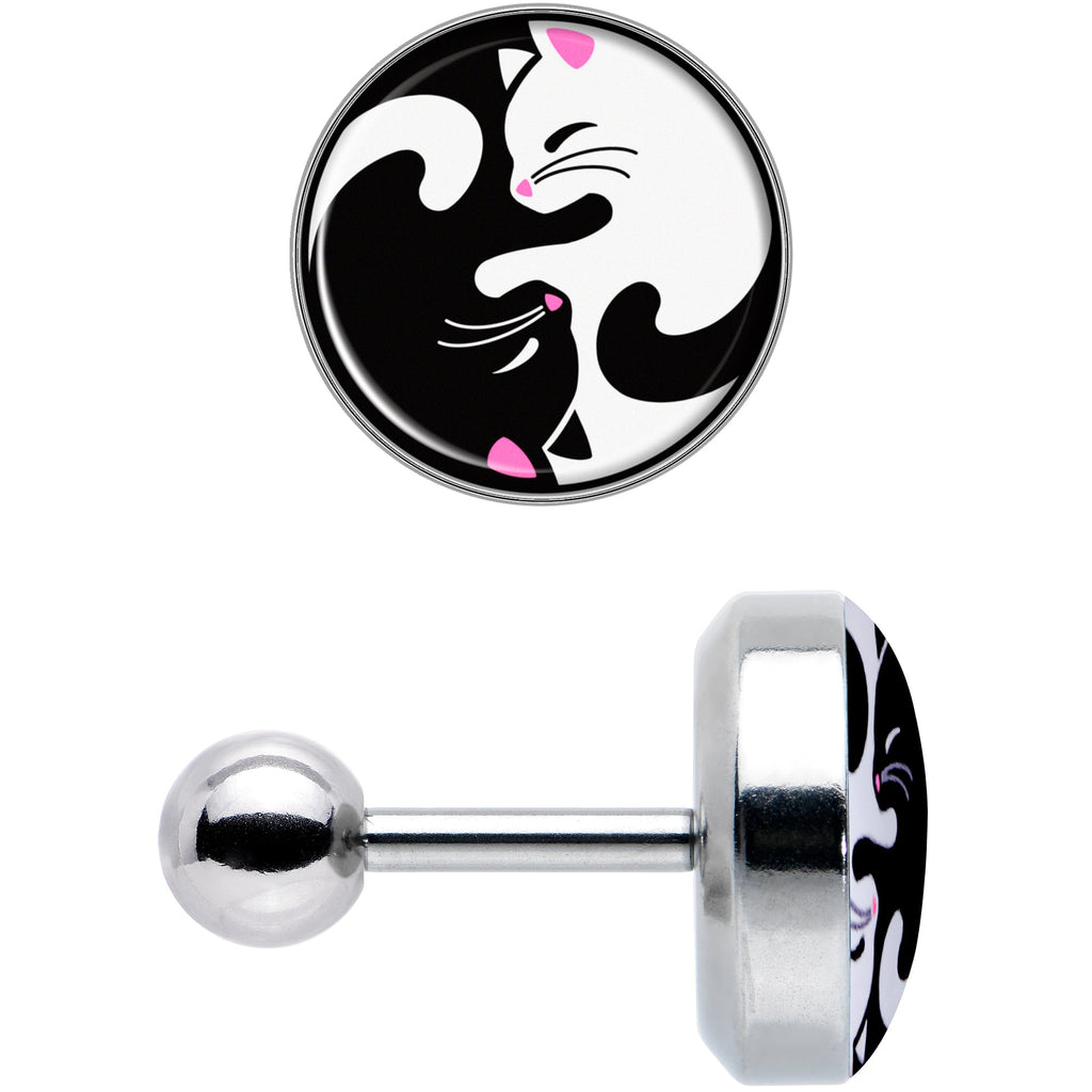 BodyCandy 16G 1/4 Cute Kitty Cat Yin Yang Cartilage Tragus Earring by Onyx O — detail close-up