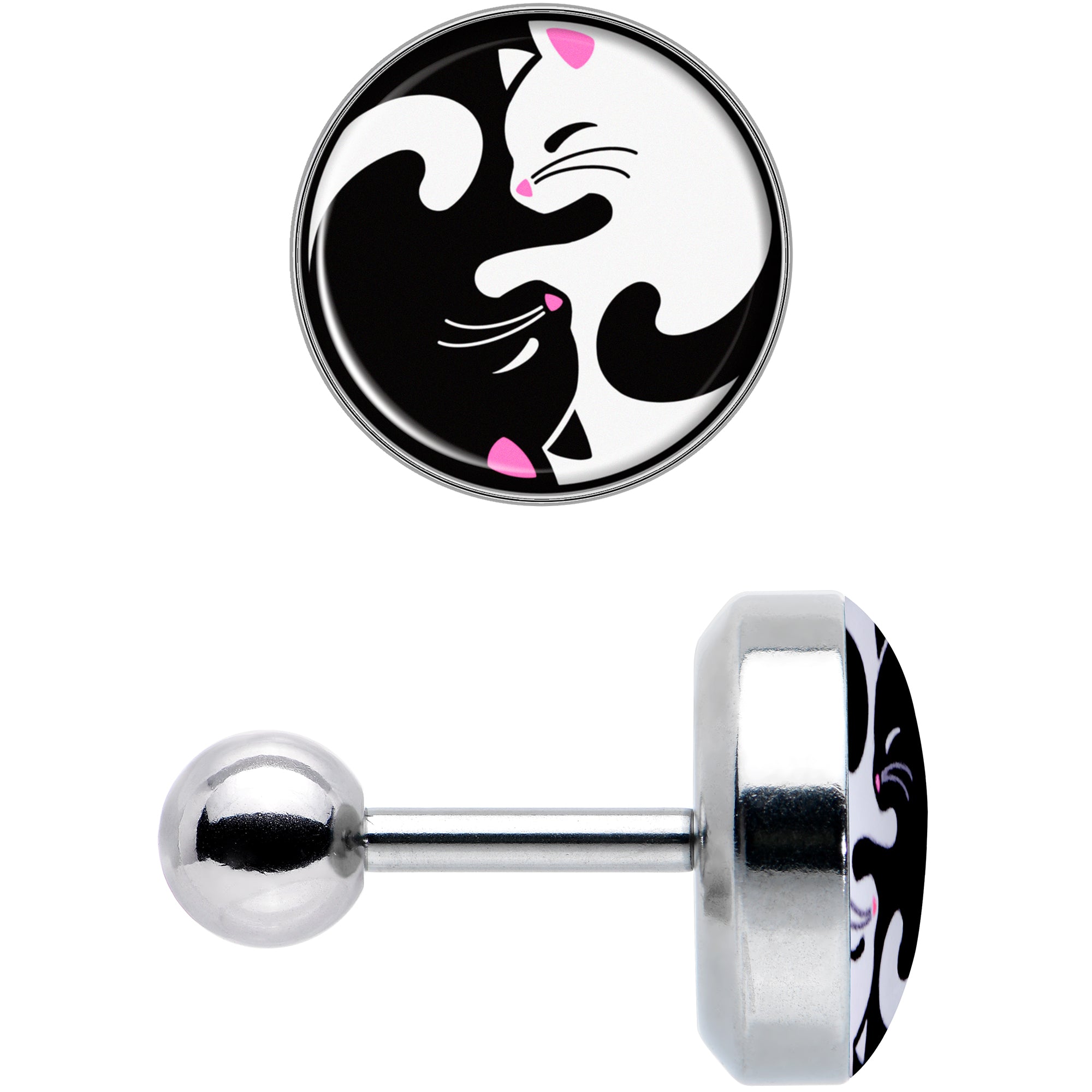 BodyCandy 16G 1/4 Cute Kitty Cat Yin Yang Cartilage Tragus Earring by Onyx O — detail close-up