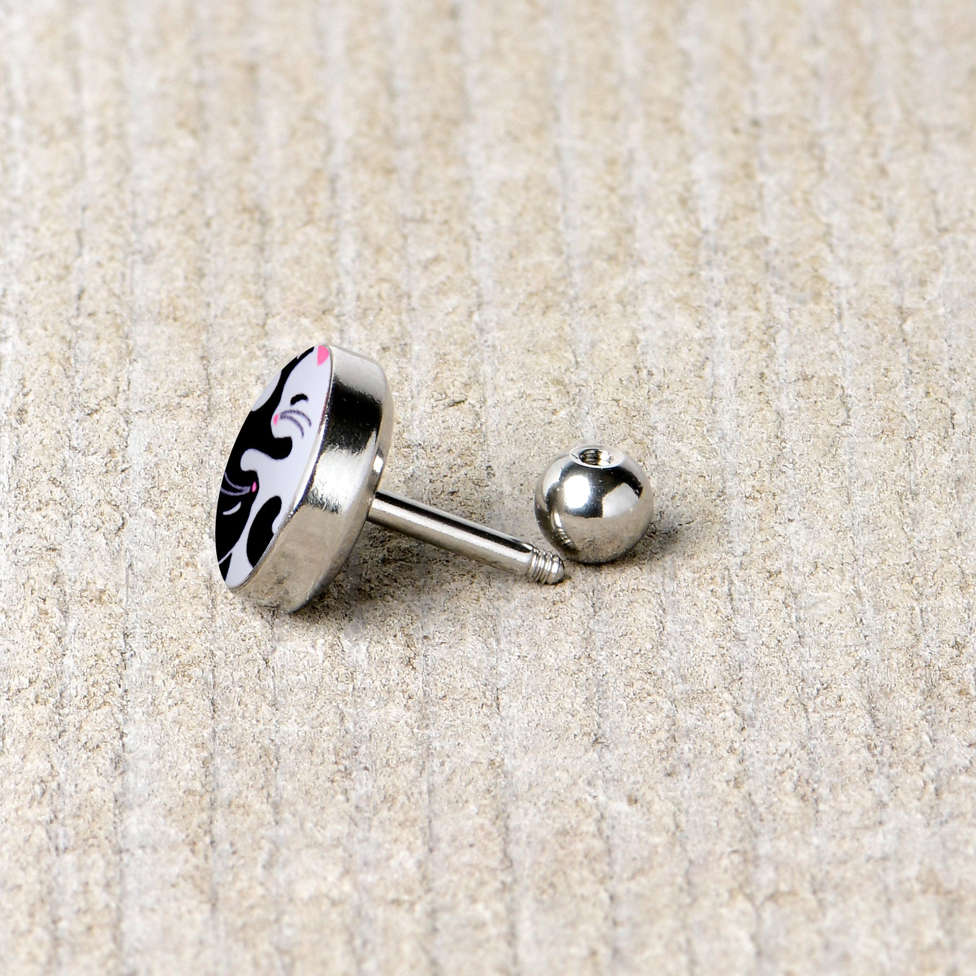 BodyCandy 16G 1/4 Cute Kitty Cat Yin Yang Cartilage Tragus Earring by Onyx O — back view