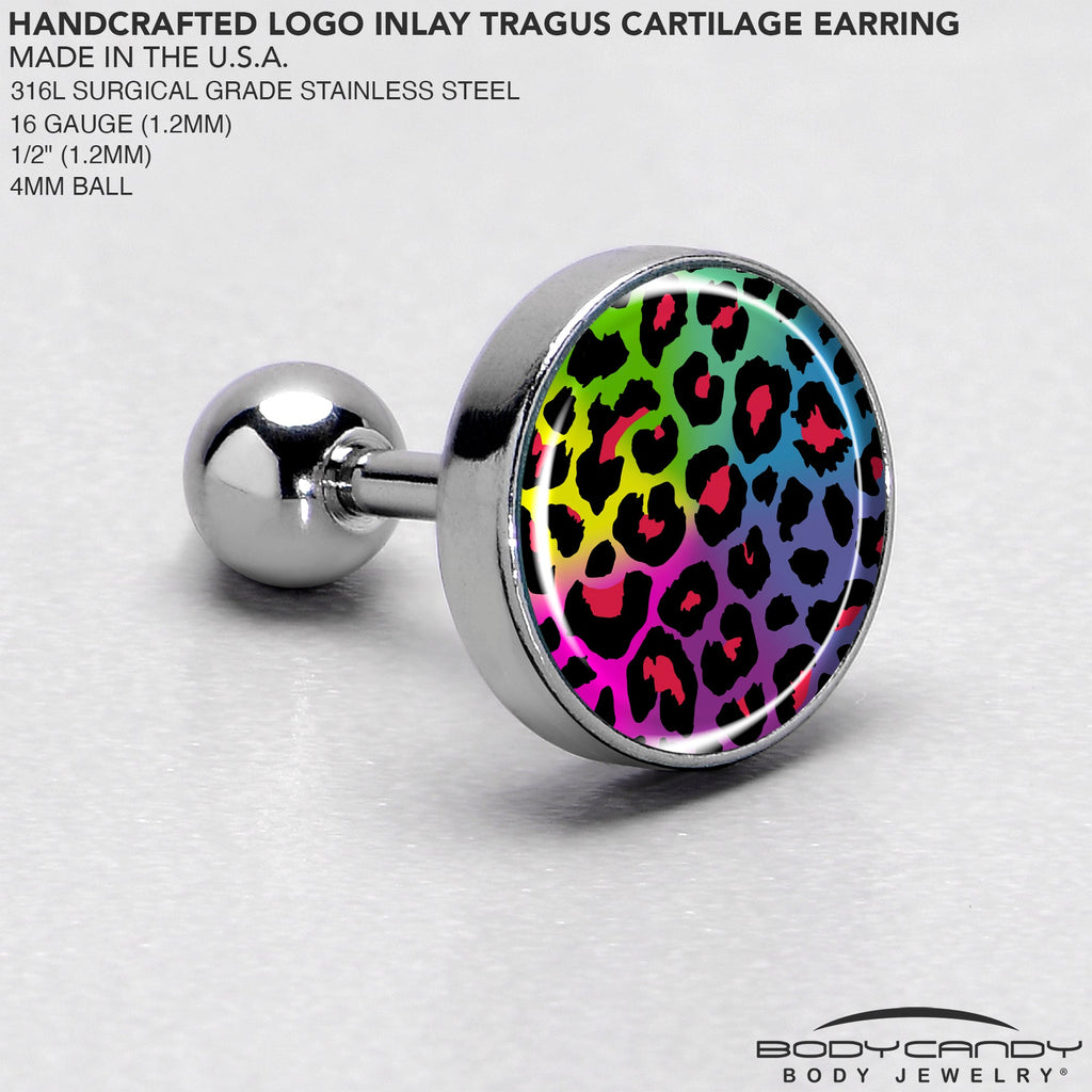 BodyCandy 16G 1/4 Rainbow Cheetah Print Cartilage Tragus Earring by Onyx O — side view
