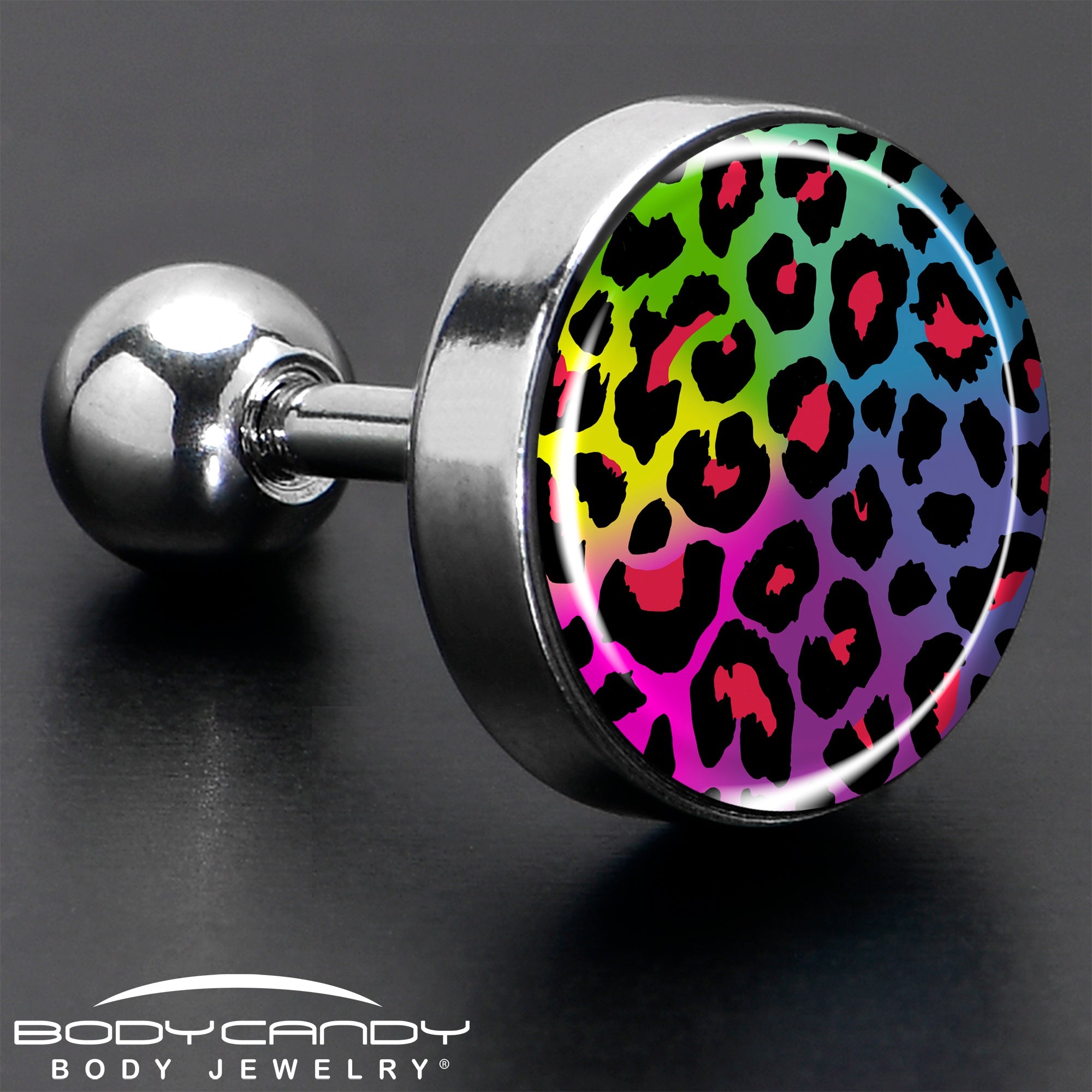 BodyCandy 16G 1/4 Rainbow Cheetah Print Cartilage Tragus Earring by Onyx O — in-use photo