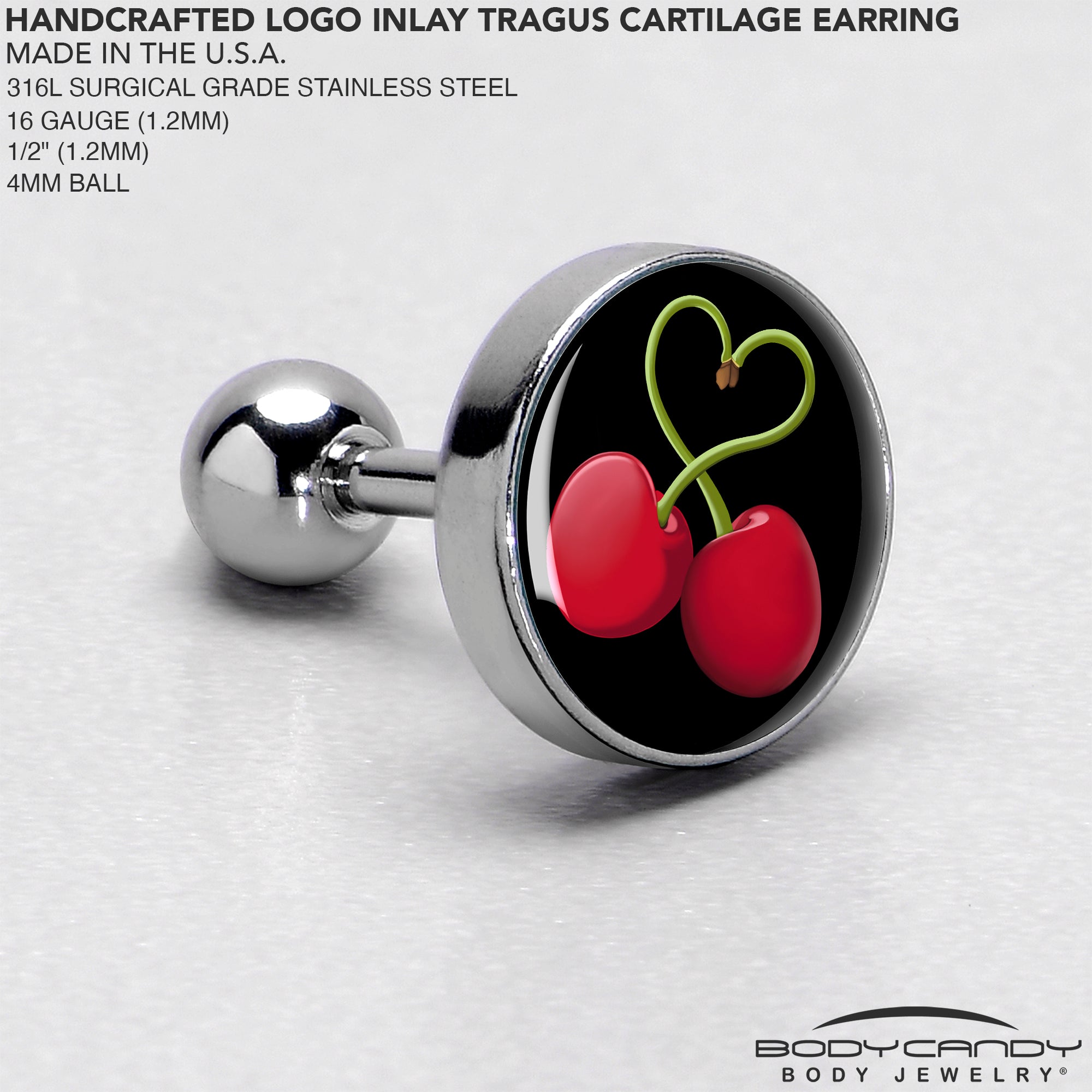 BodyCandy 16G 1/4 Cherry Heart Cartilage Tragus Earring by Onyx O — side view