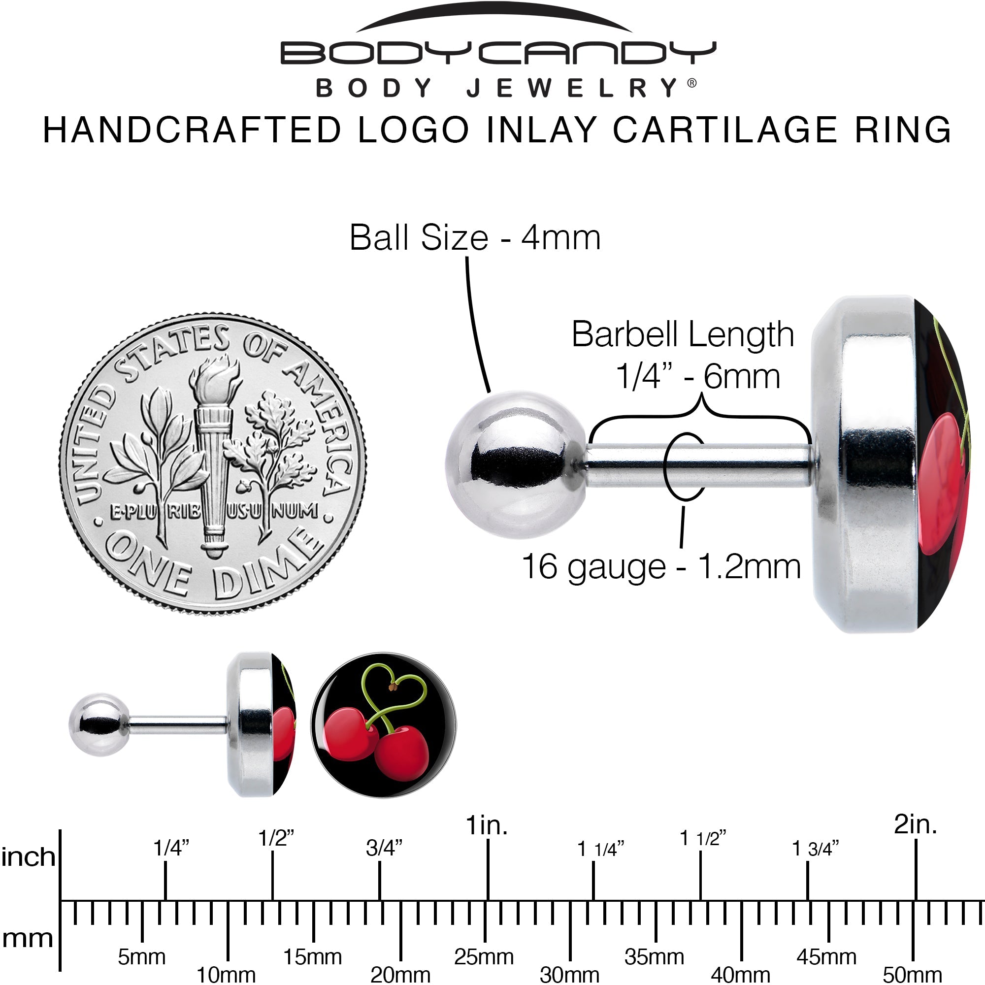 BodyCandy 16G 1/4 Cherry Heart Cartilage Tragus Earring by Onyx O — alternative angle