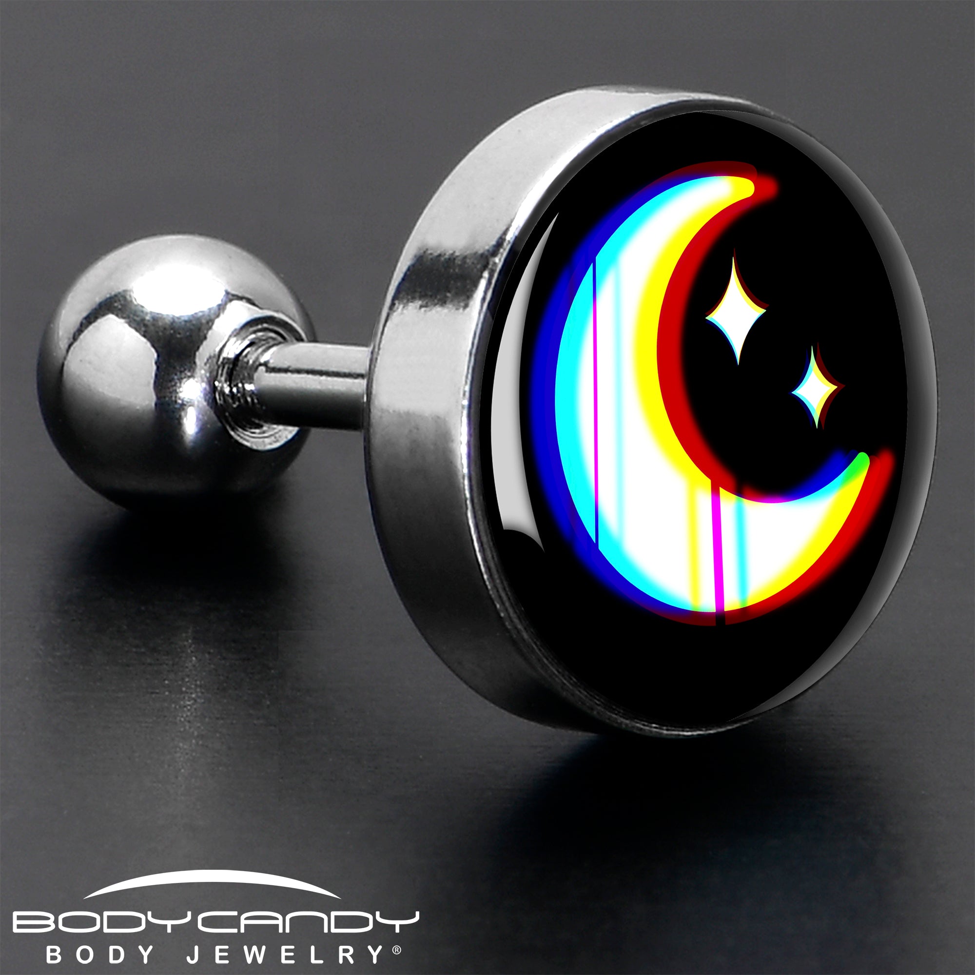 BodyCandy 16G 1/4 Chromatic Moon Tragus Cartilage Earring by Onyx O — in-use photo