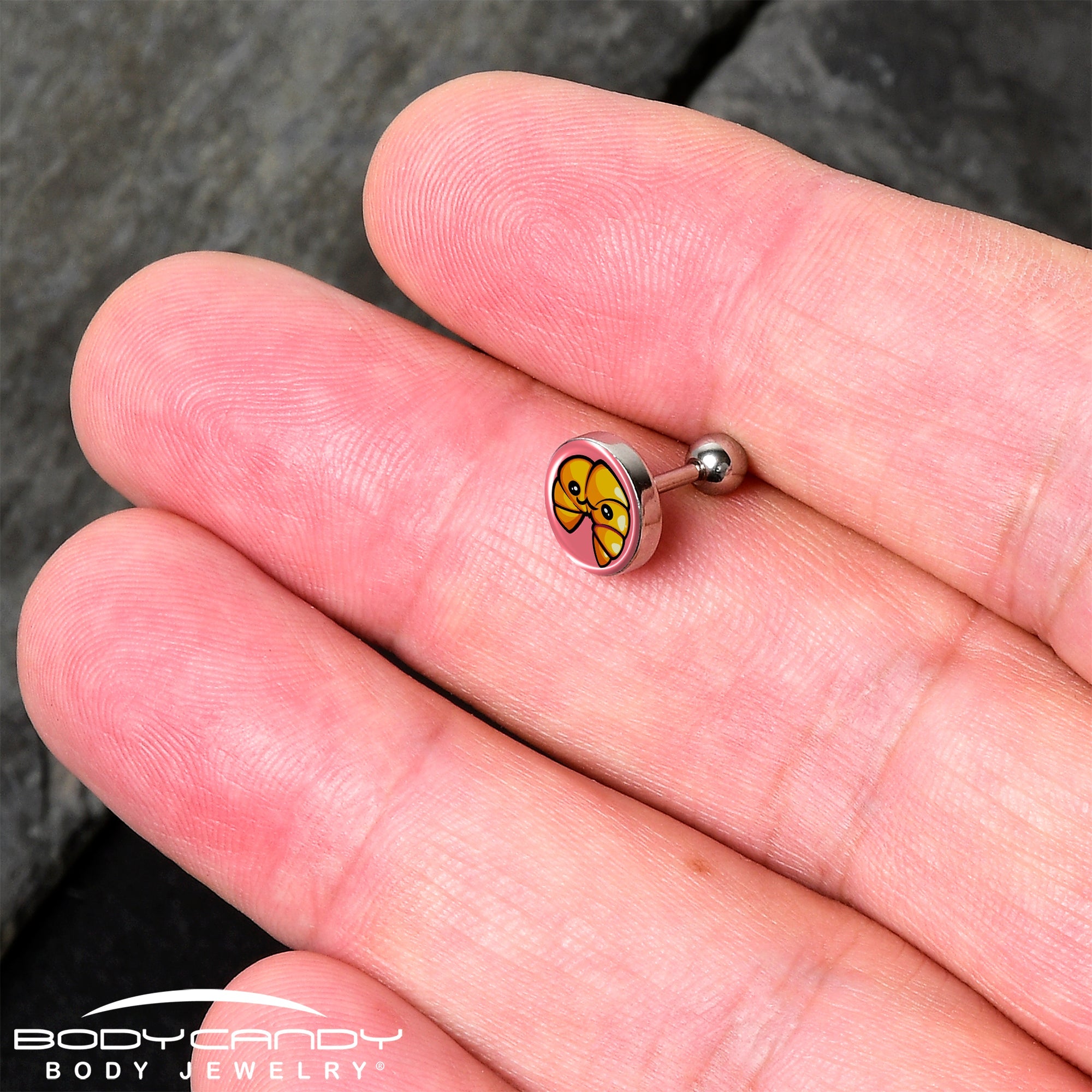 BodyCandy 16G 1/4 Quaso Croissant Cartilage Tragus Earring by Onyx O — detail close-up