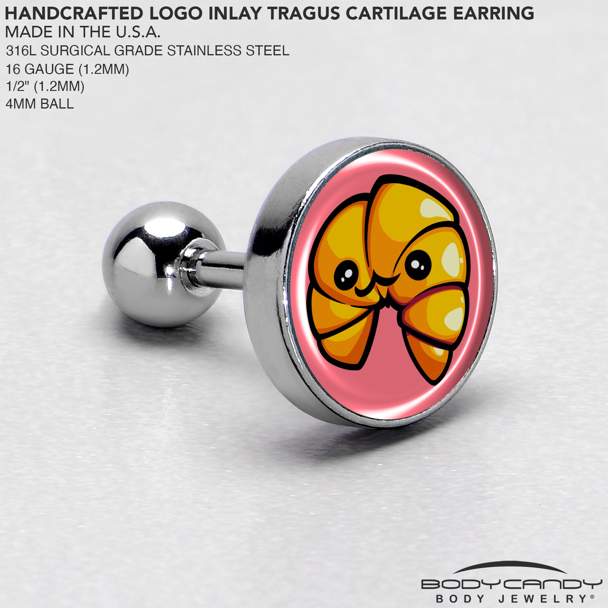 BodyCandy 16G 1/4 Quaso Croissant Cartilage Tragus Earring by Onyx O — side view
