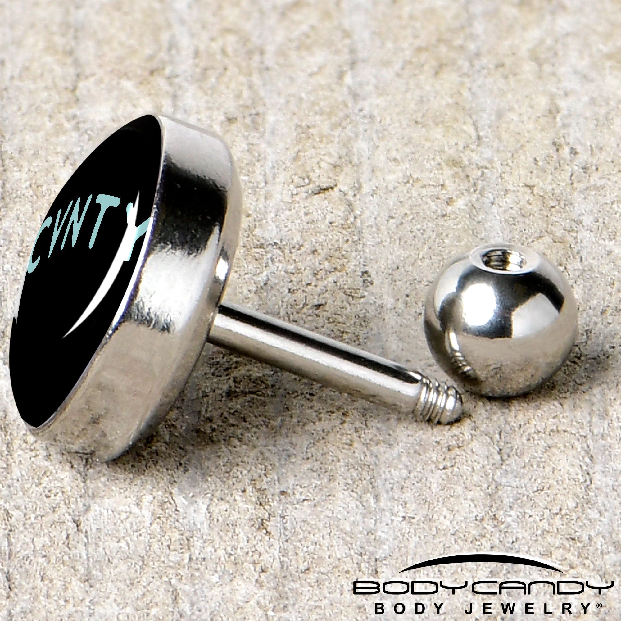 BodyCandy 16G 1/4 Phrase Logo CVNTY Tragus Cartilage Earring by Onyx O — back view