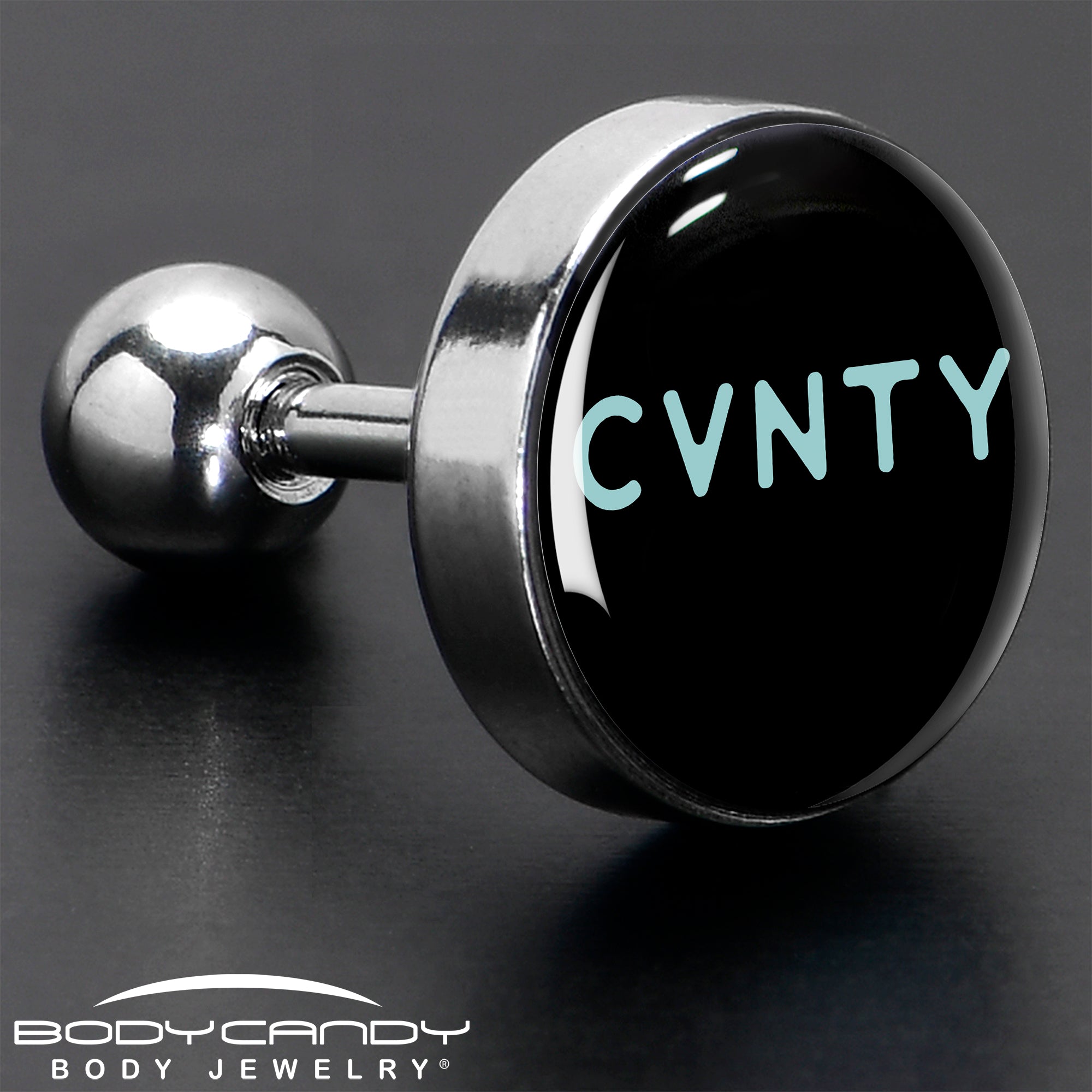 BodyCandy 16G 1/4 Phrase Logo CVNTY Tragus Cartilage Earring by Onyx O — in-use photo