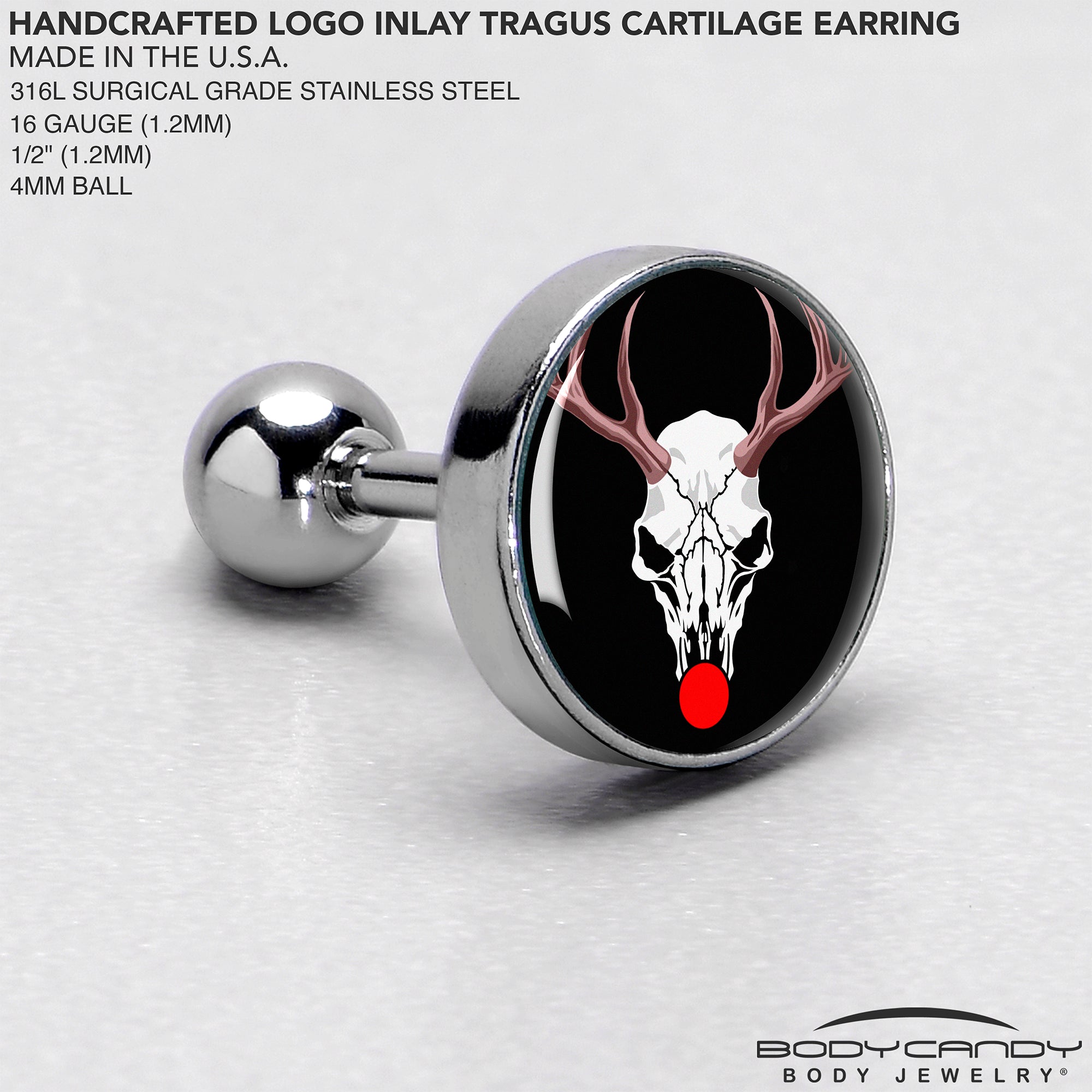 BodyCandy 16G 1/4 Holiday Dead Nosed Reindeer Tragus Cartilage Earring by Onyx O — side view