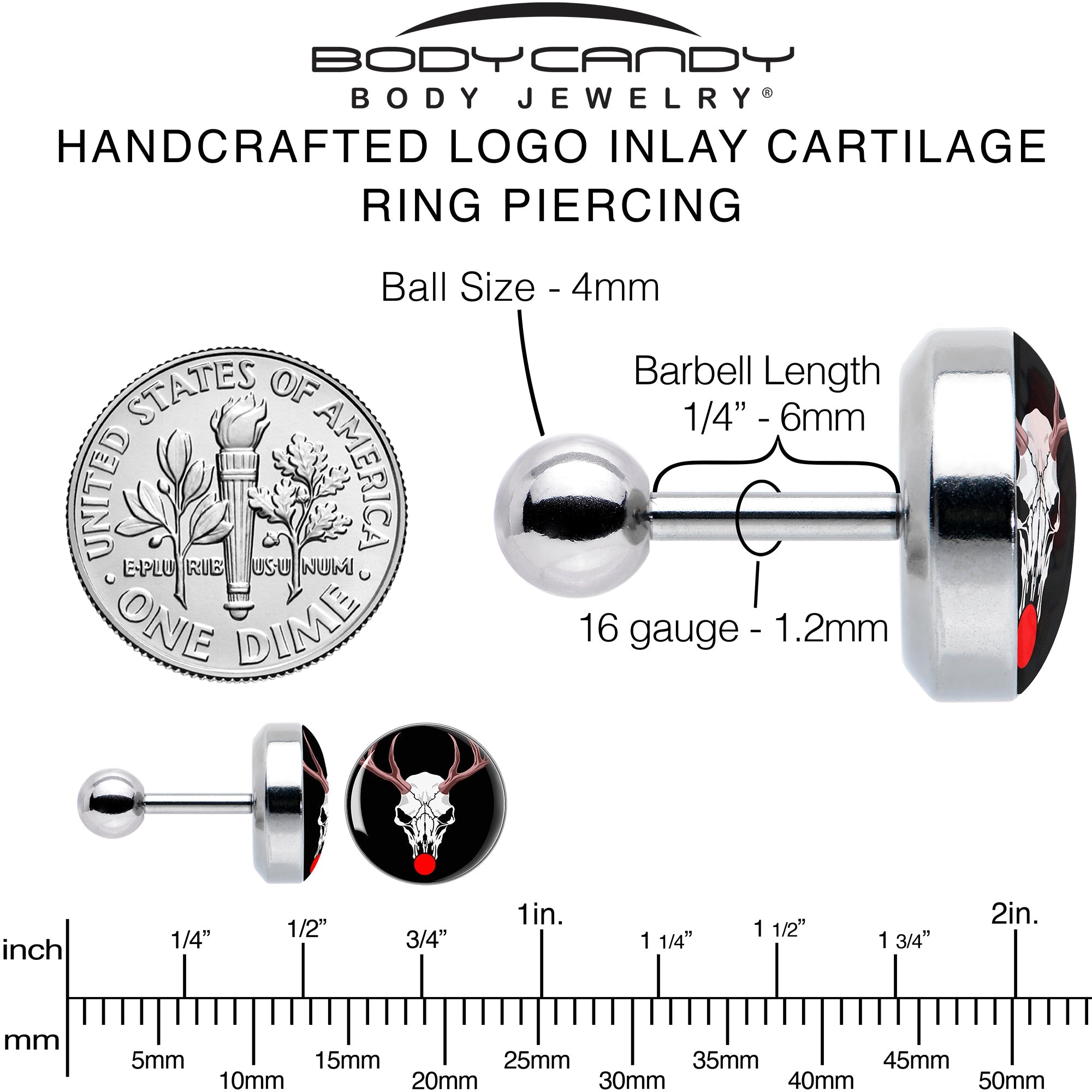 BodyCandy 16G 1/4 Holiday Dead Nosed Reindeer Tragus Cartilage Earring by Onyx O — back view