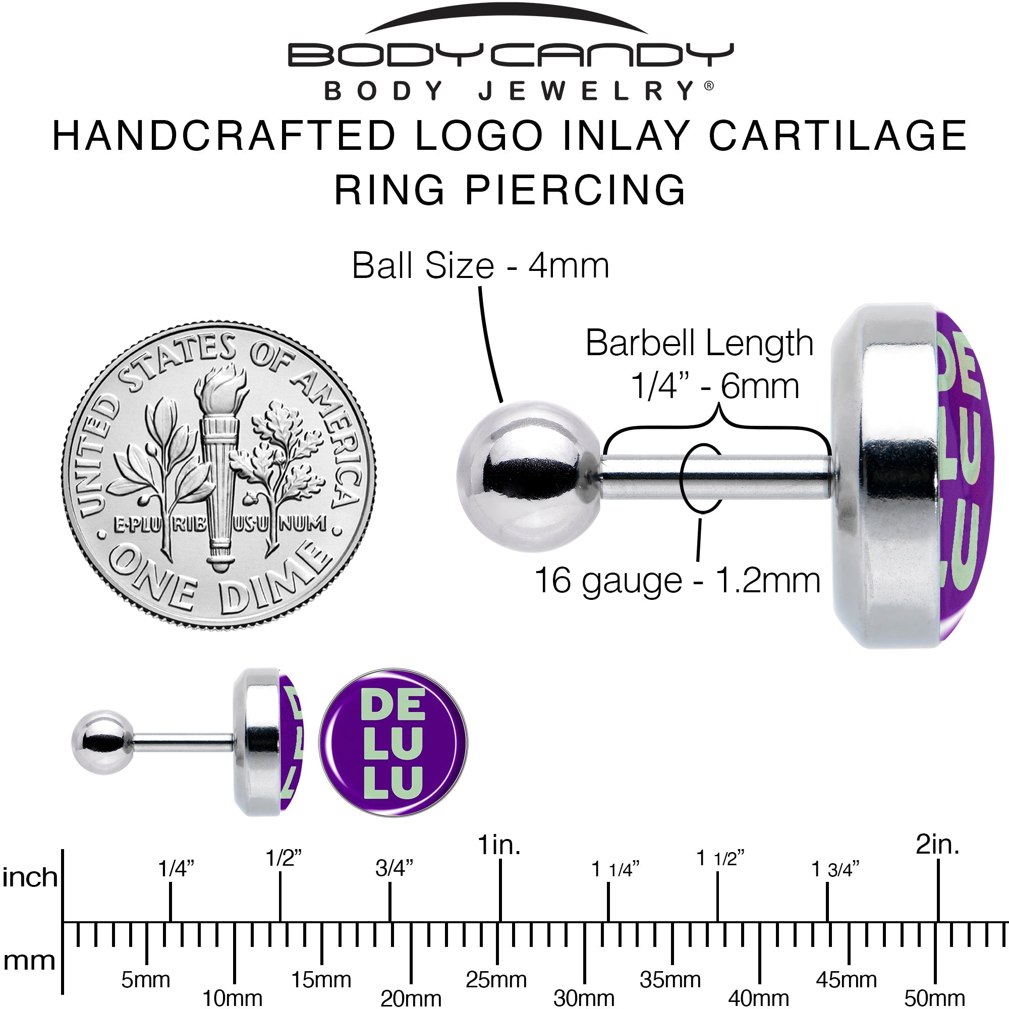 BodyCandy 16G 1/4 Word DELULU Tragus Cartilage Earring by Onyx O — alternative angle
