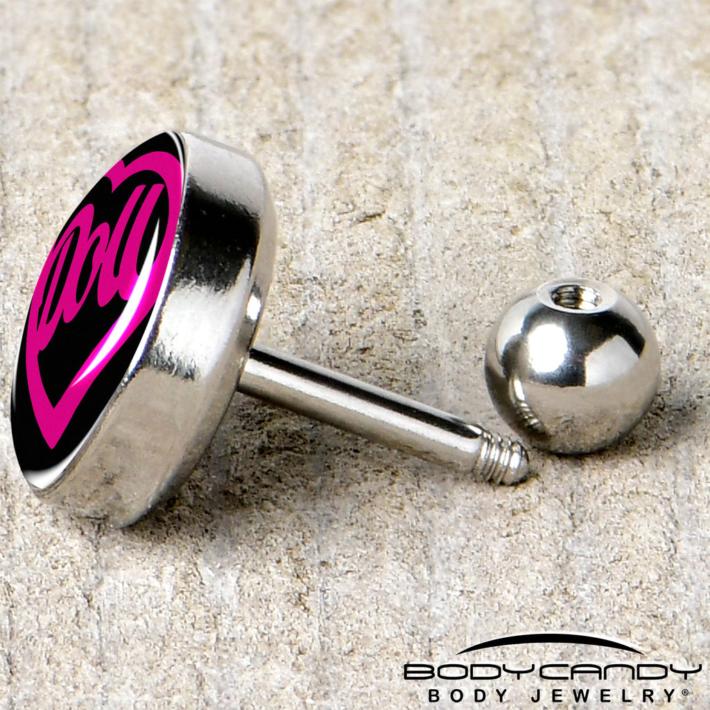 BodyCandy 16G 1/4 Hollow Heart Doll Word Tragus Cartilage Earring by Onyx O — back view