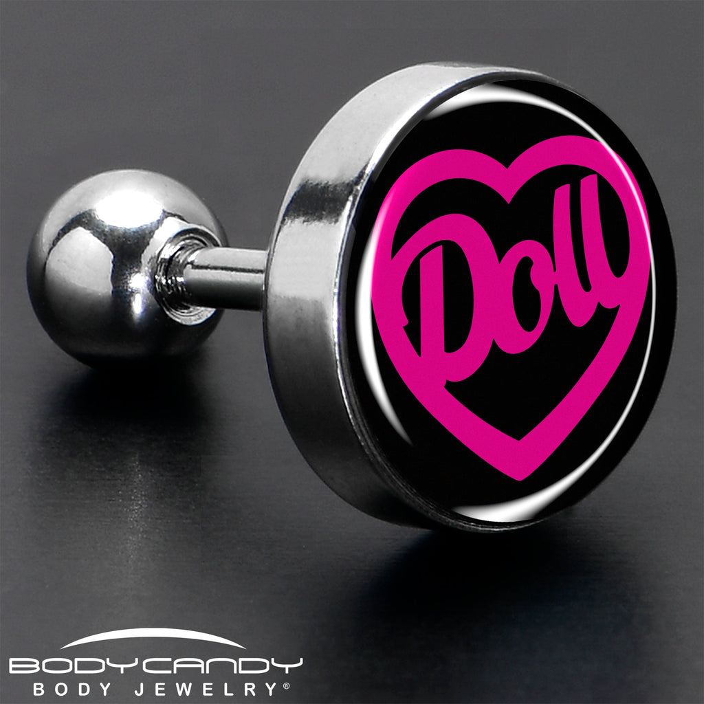 BodyCandy 16G 1/4 Hollow Heart Doll Word Tragus Cartilage Earring by Onyx O — in-use photo