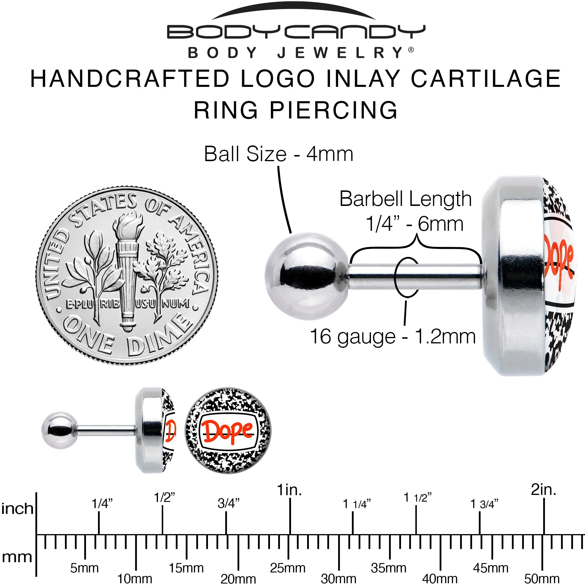BodyCandy 16G 1/4 Dope Composition Notebook Tragus Cartilage Earring by Onyx O — alternative angle