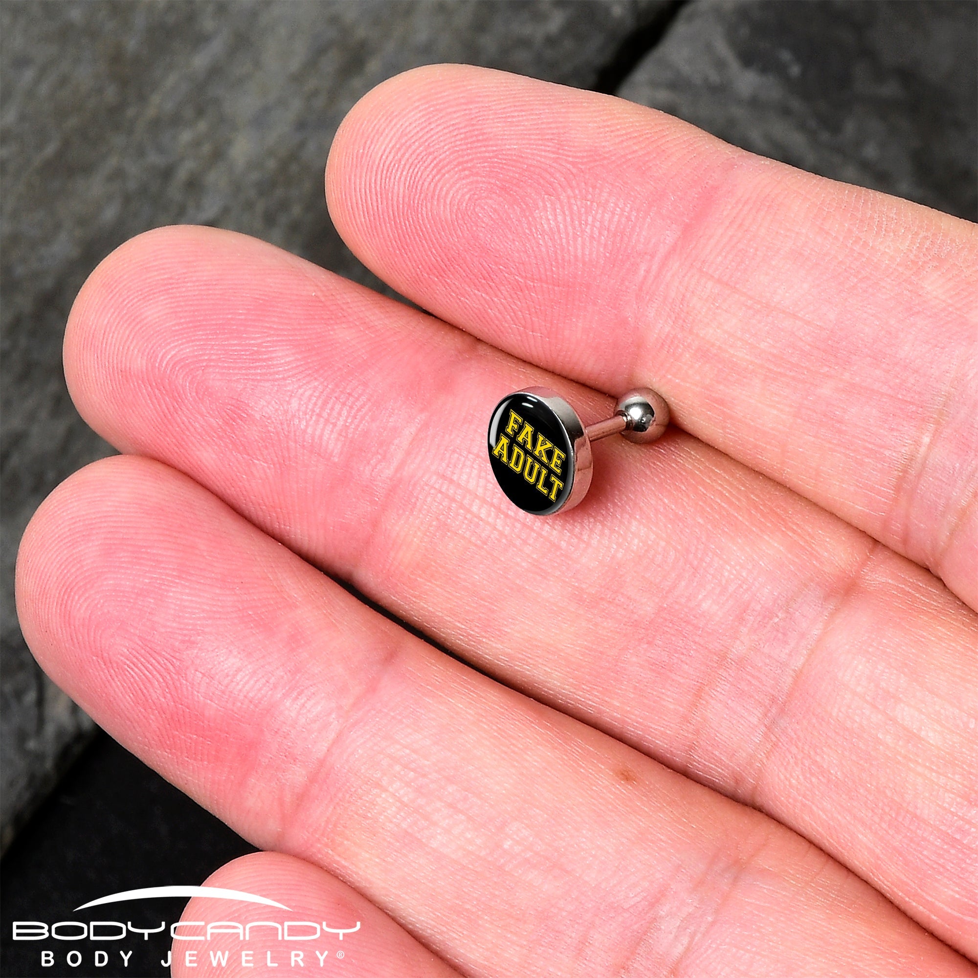 BodyCandy 16G 1/4 Black Yellow Fake Adult Tragus Cartilage Earring by Onyx O — detail close-up