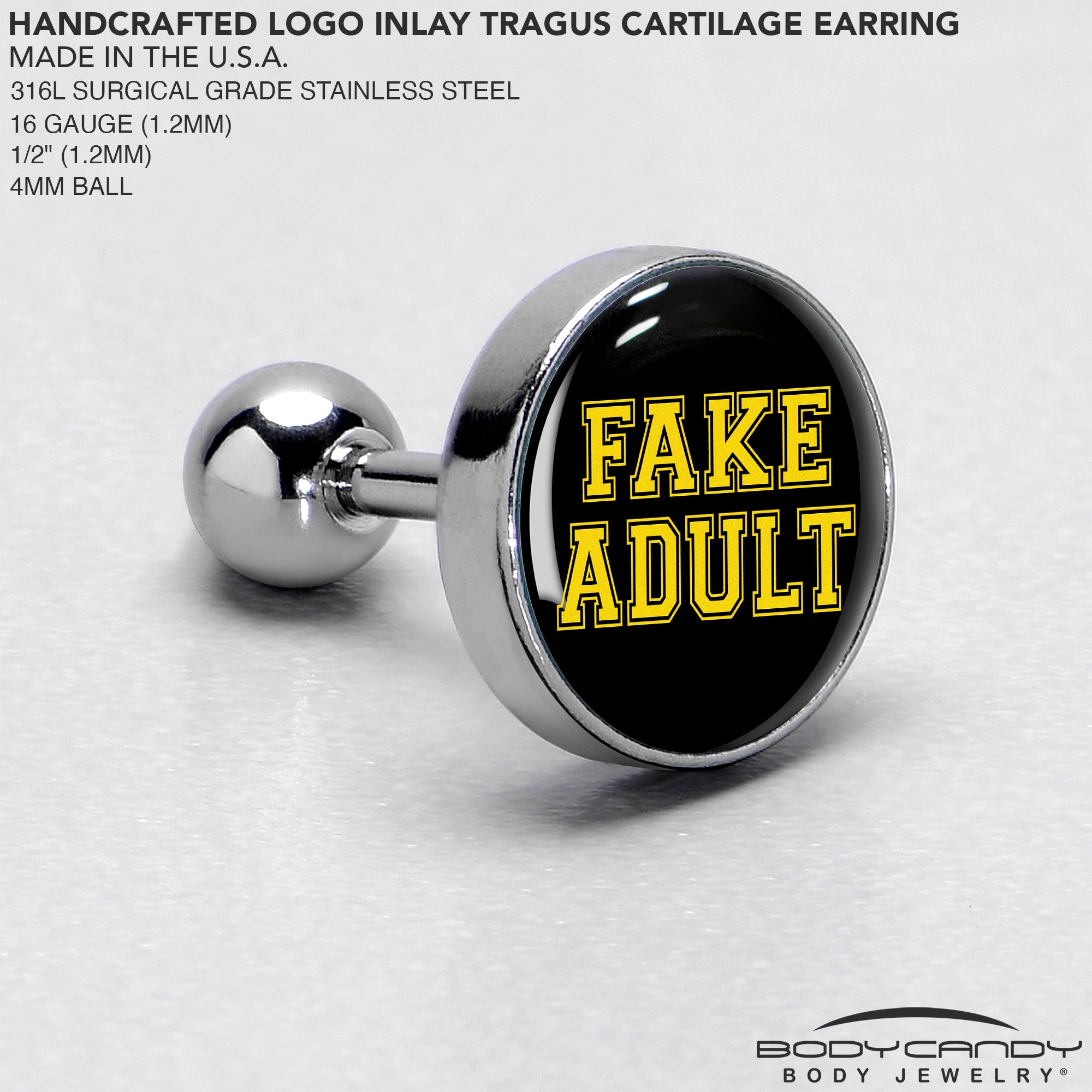BodyCandy 16G 1/4 Black Yellow Fake Adult Tragus Cartilage Earring by Onyx O — side view