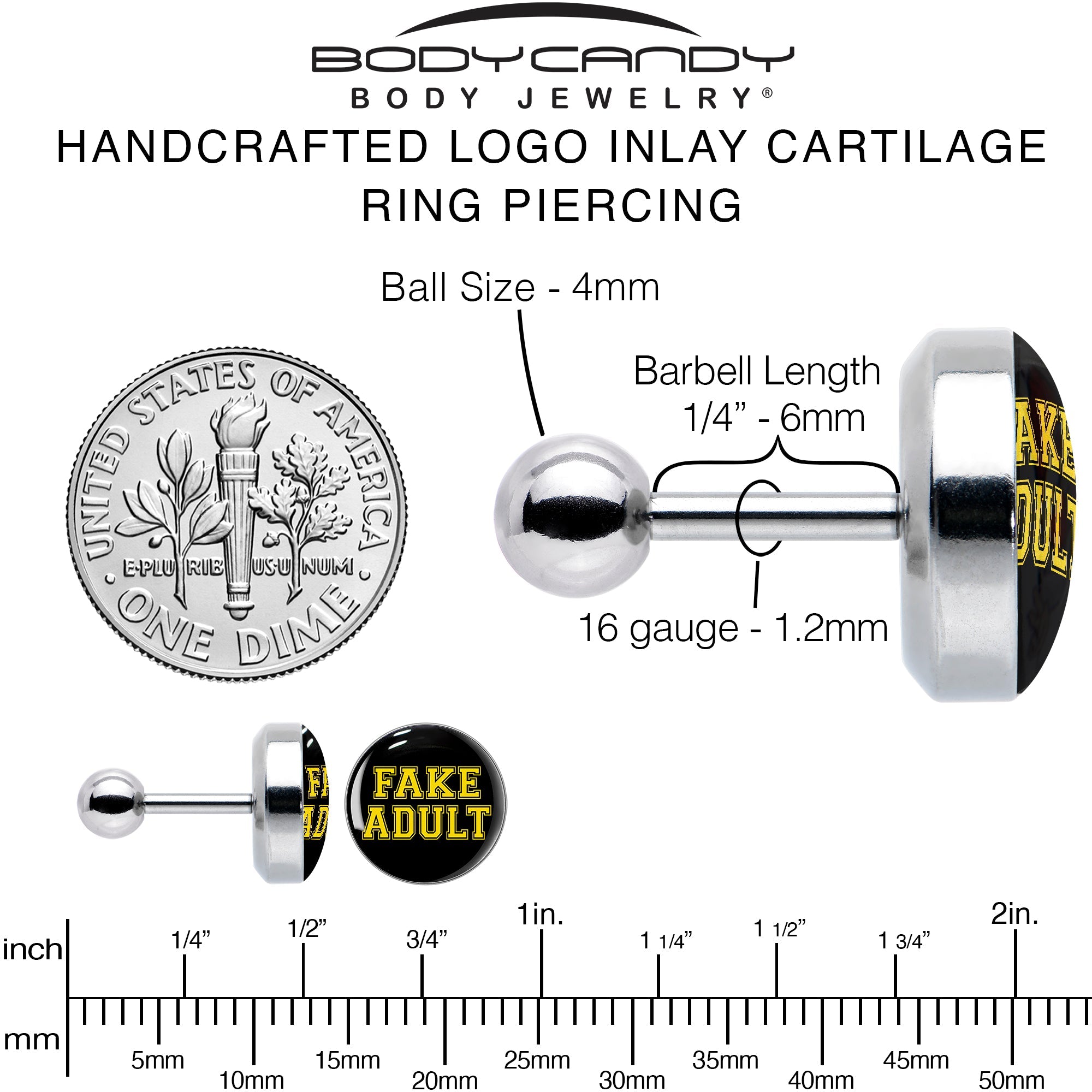 BodyCandy 16G 1/4 Black Yellow Fake Adult Tragus Cartilage Earring by Onyx O — alternative angle