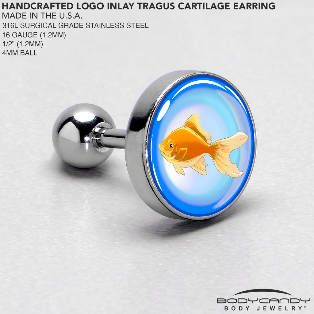 BodyCandy 16G 1/4 Gold Fish Cartilage Tragus Earring by Onyx O — side view