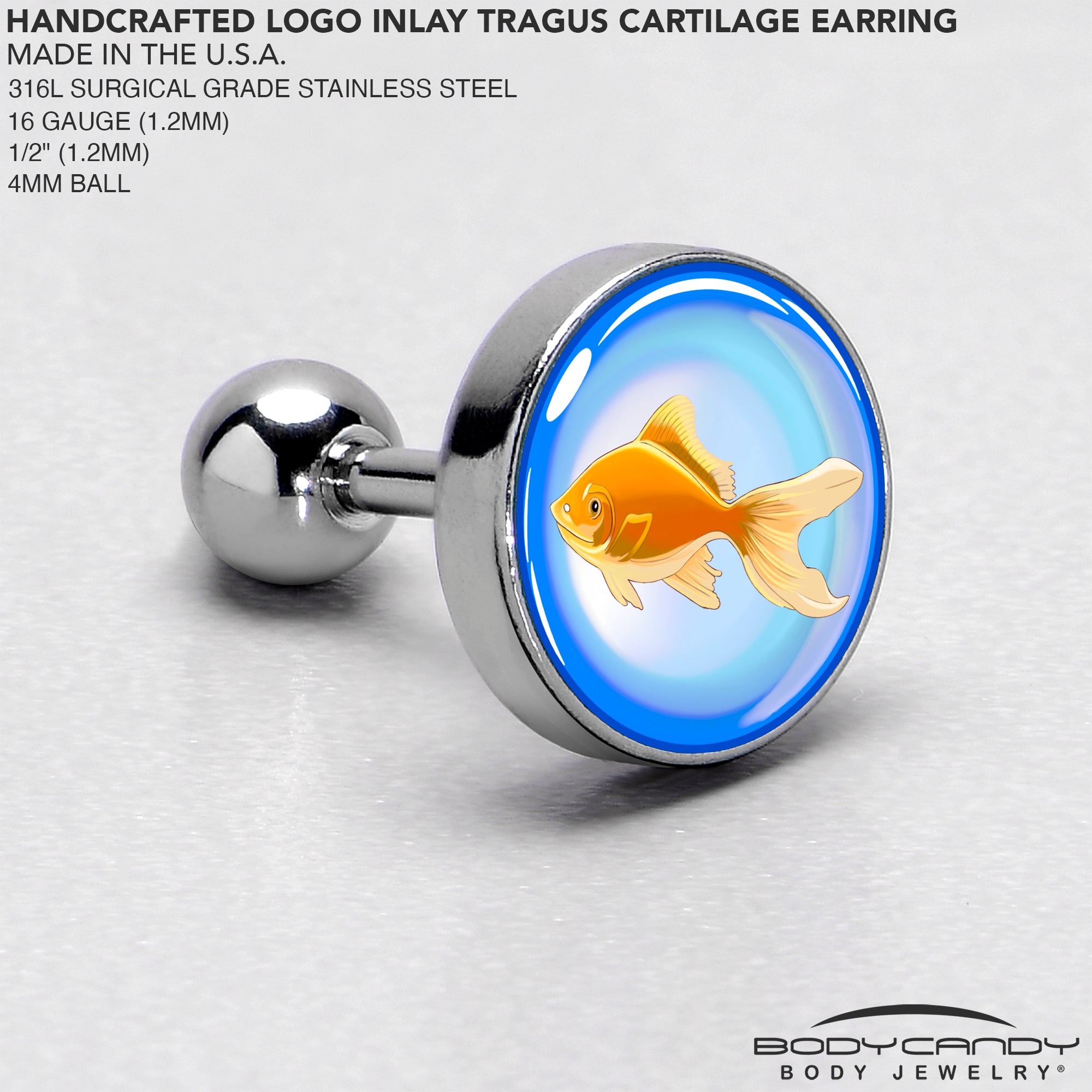 BodyCandy 16G 1/4 Gold Fish Cartilage Tragus Earring by Onyx O — side view