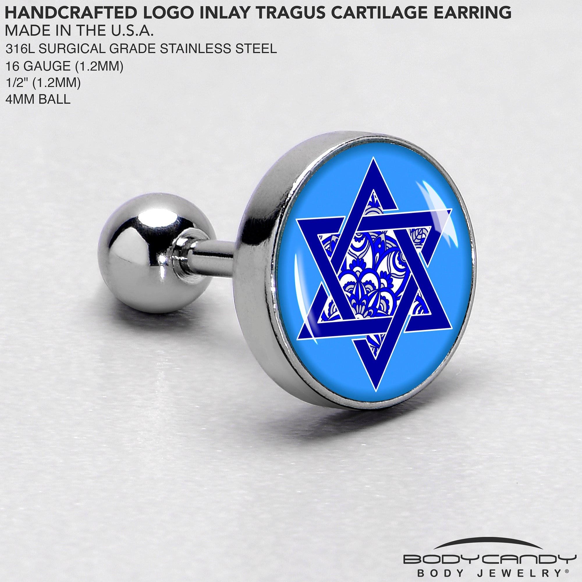 BodyCandy 16G 1/4 Floral Star of David Tragus Cartilage Earring by Onyx O — side view