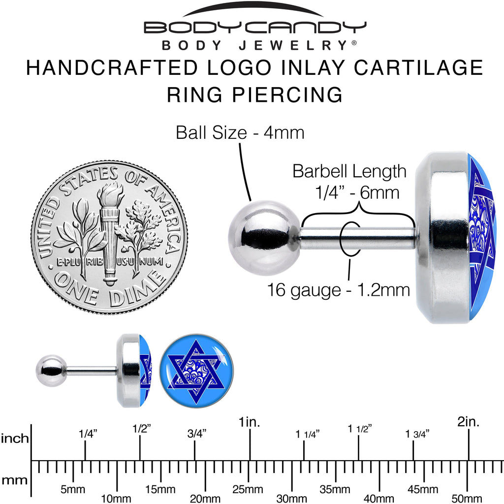 BodyCandy 16G 1/4 Floral Star of David Tragus Cartilage Earring by Onyx O — back view