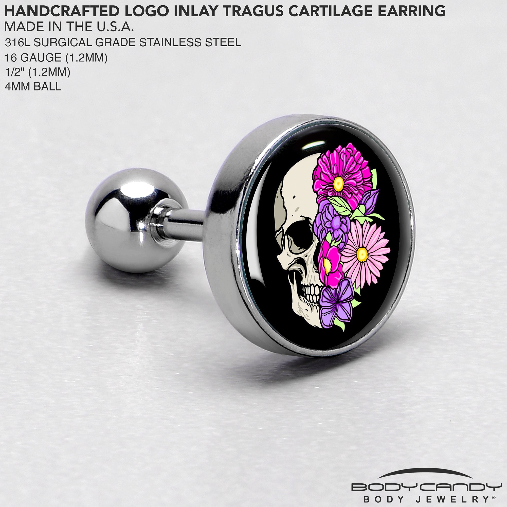 BodyCandy 16G 1/4 Floral Flowers Skull Cartilage Tragus Earring by Onyx O — side view