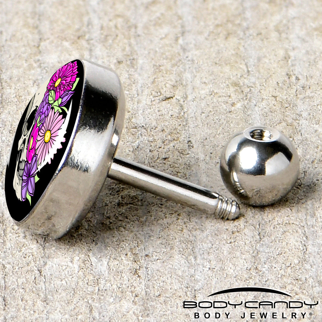 BodyCandy 16G 1/4 Floral Flowers Skull Cartilage Tragus Earring by Onyx O — back view