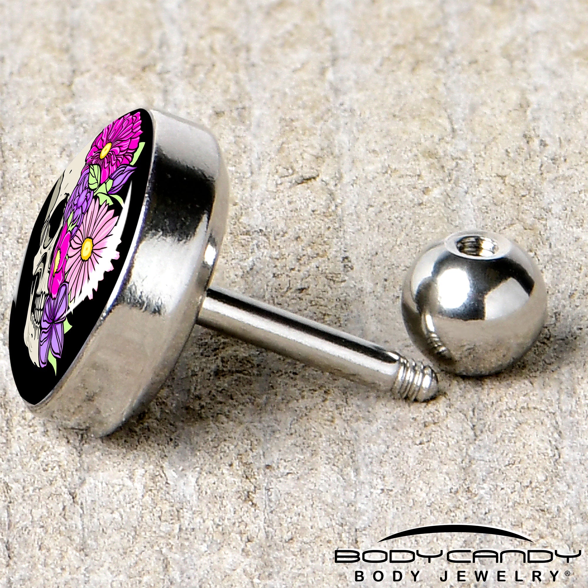 BodyCandy 16G 1/4 Floral Flowers Skull Cartilage Tragus Earring by Onyx O — back view