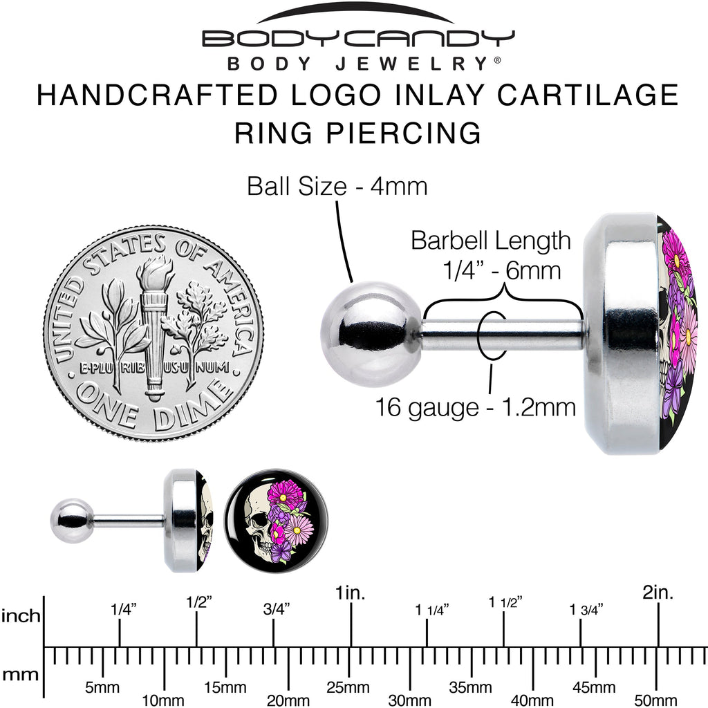 BodyCandy 16G 1/4 Floral Flowers Skull Cartilage Tragus Earring by Onyx O — alternative angle