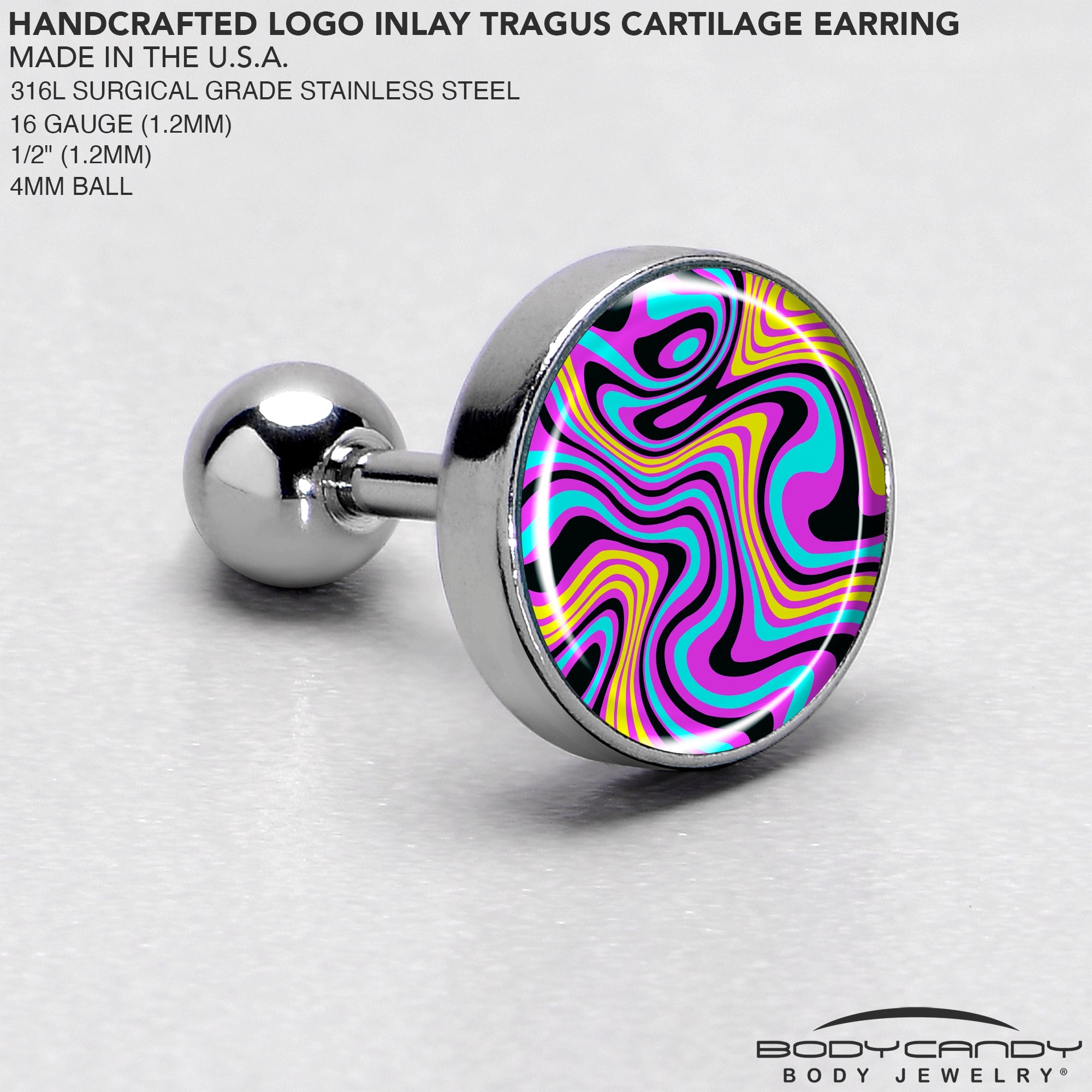 BodyCandy 16G 1/4 Funky Swirls Cartilage Tragus Earring by Onyx O — side view
