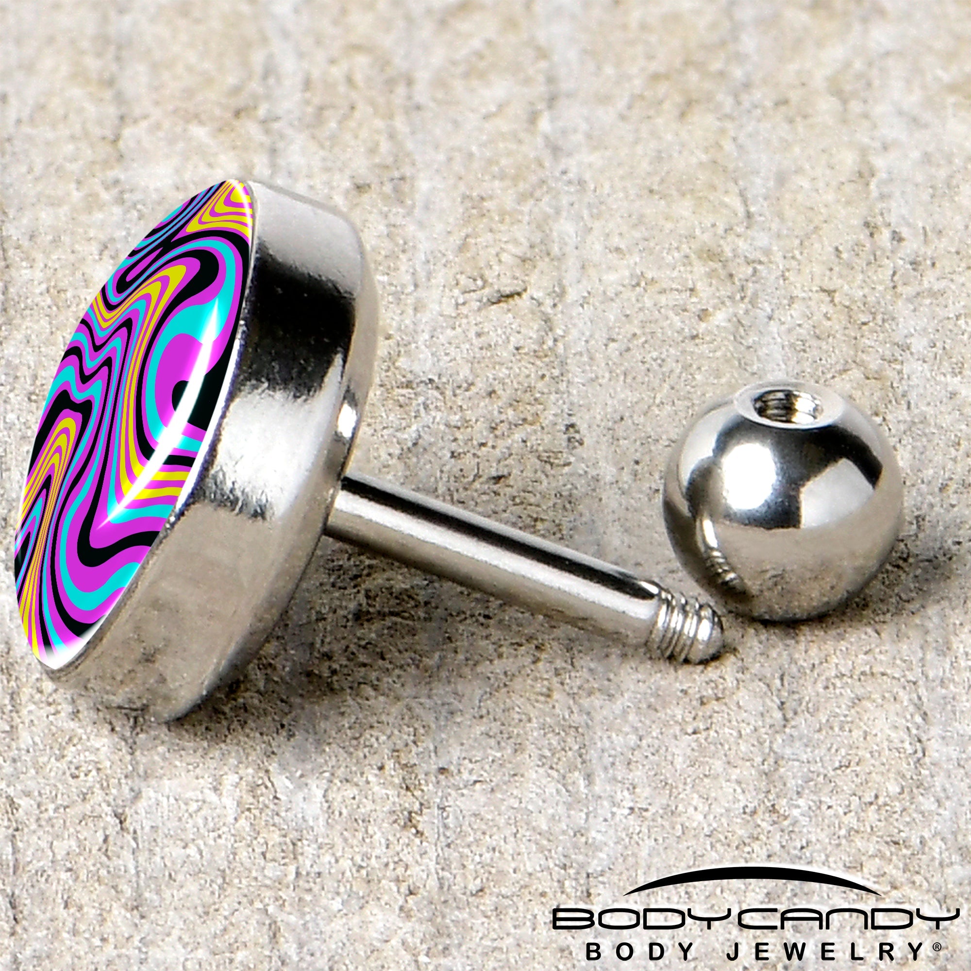 BodyCandy 16G 1/4 Funky Swirls Cartilage Tragus Earring by Onyx O — back view