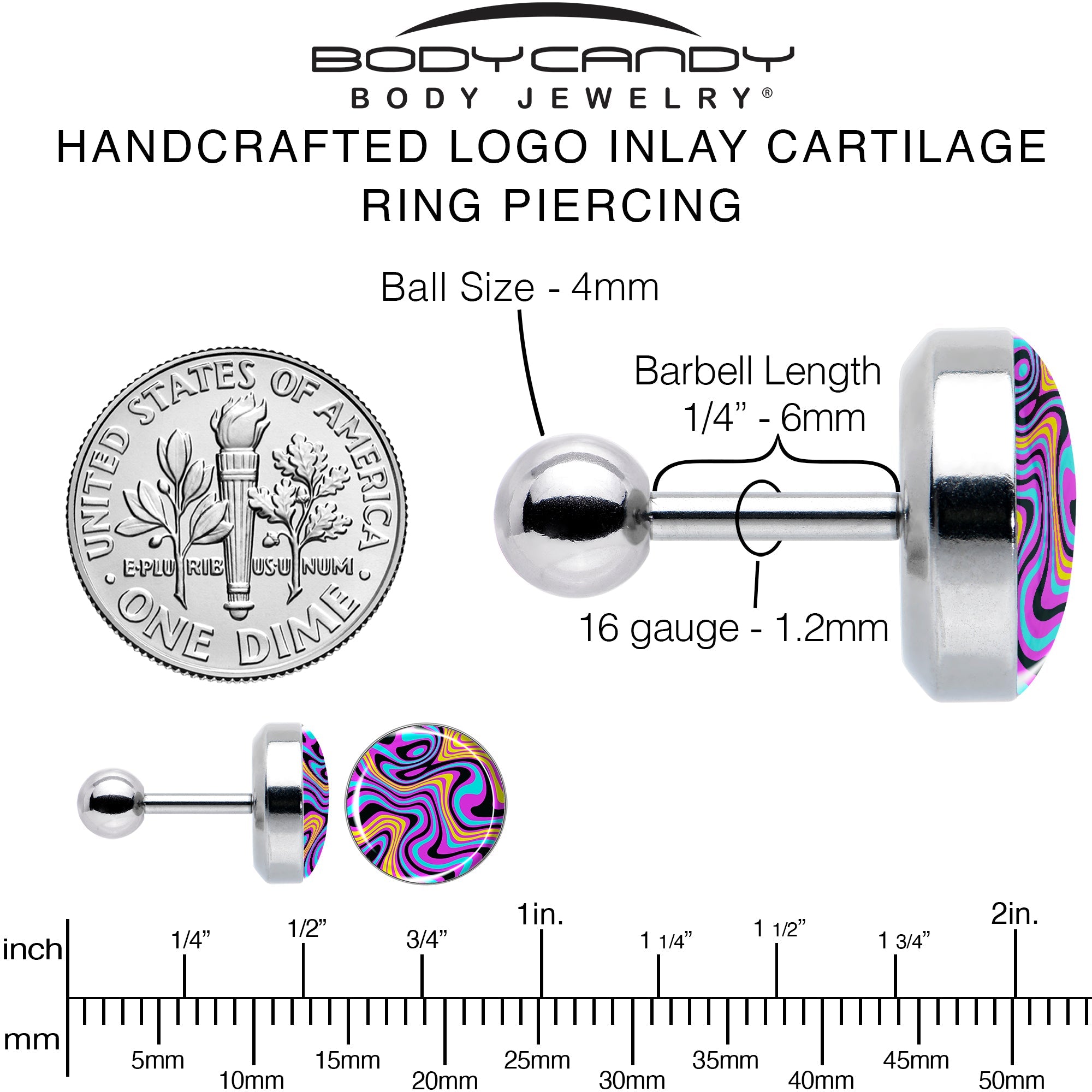 BodyCandy 16G 1/4 Funky Swirls Cartilage Tragus Earring by Onyx O — alternative angle