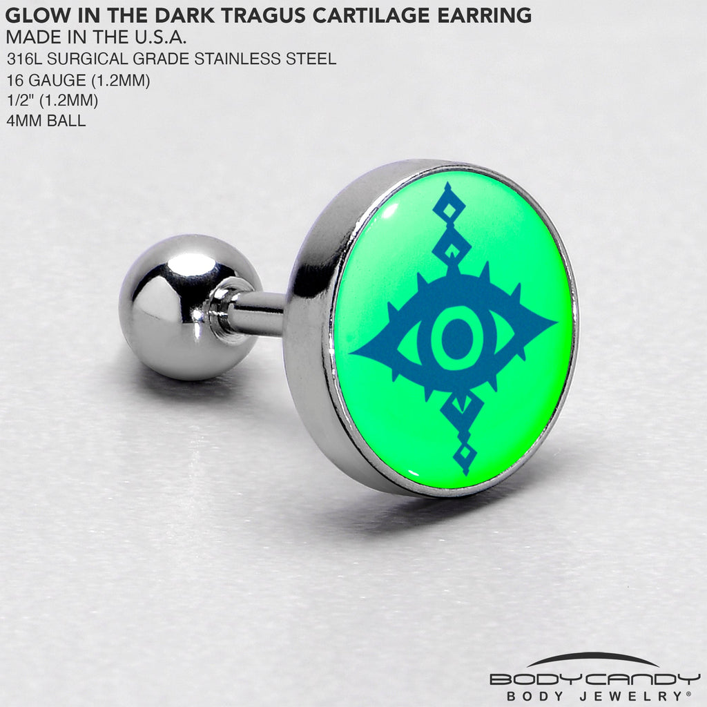 BodyCandy 16G 1/4 Glow in the Dark Evil Eye Tragus Cartilage Earring by Onyx O — in-use photo