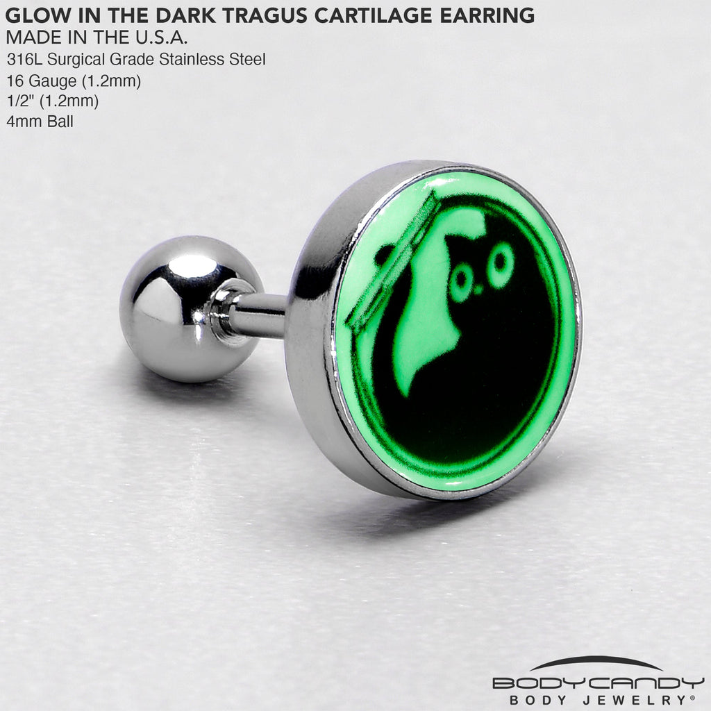 BodyCandy 16G Glow in the Dark Fishbowl Kitty Cat Tragus Cartilage Earring by Onyx O — in-use photo