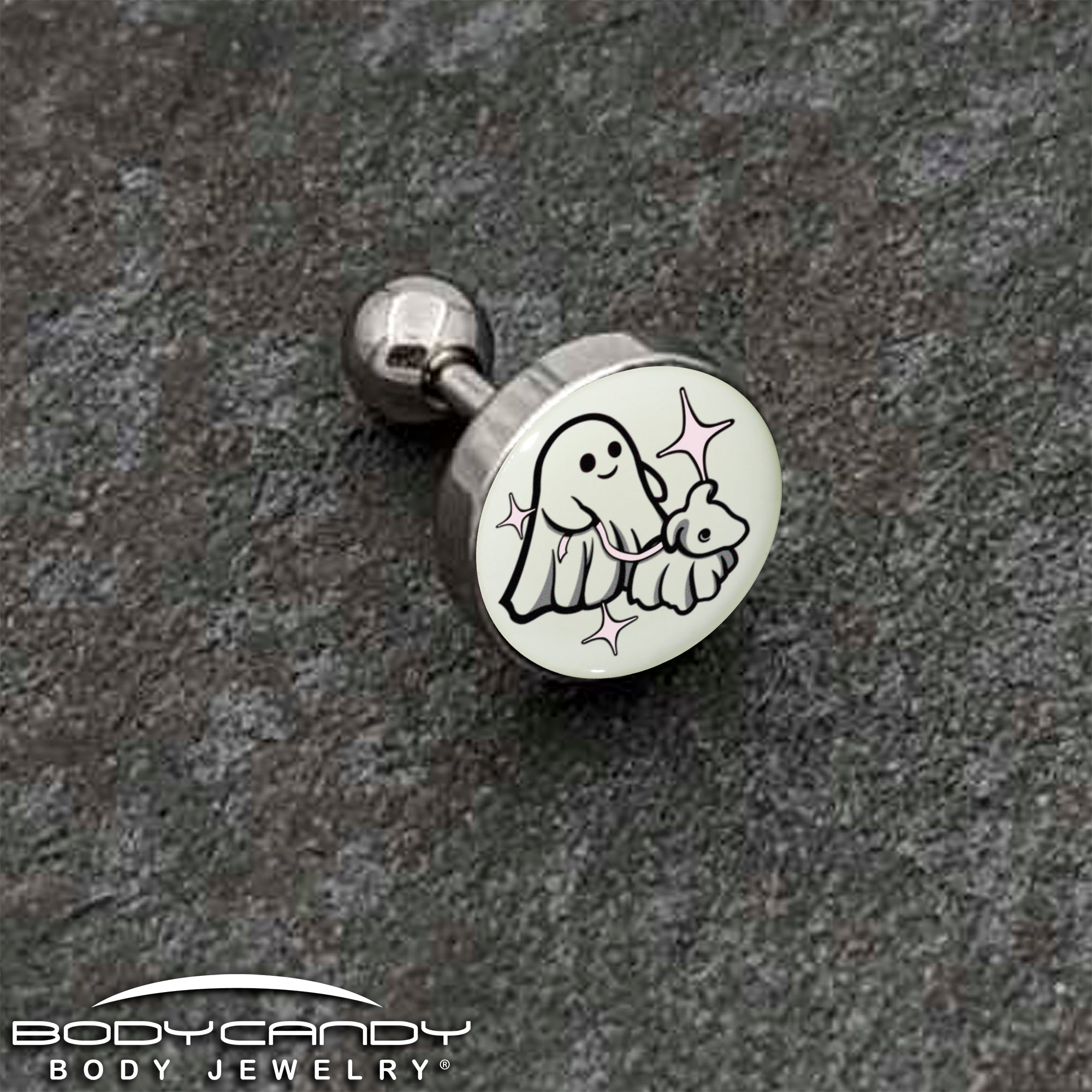 BodyCandy 16G 1/4 Glow in the Dark Halloween Ghost Dog Walker Tragus Cartilage Earring by Onyx O — back view